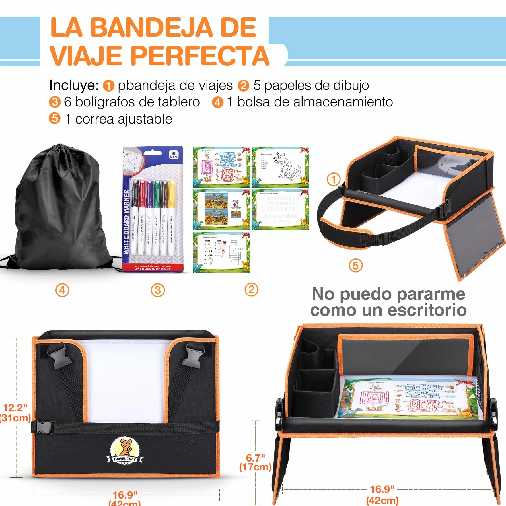 lenbest Mesa de viaje para niños de doble función, bandeja para las rodillas (protección del respaldo del coche) con película transparente, 5 placas de dibujo y 6 lápices de colores, negro/naranja