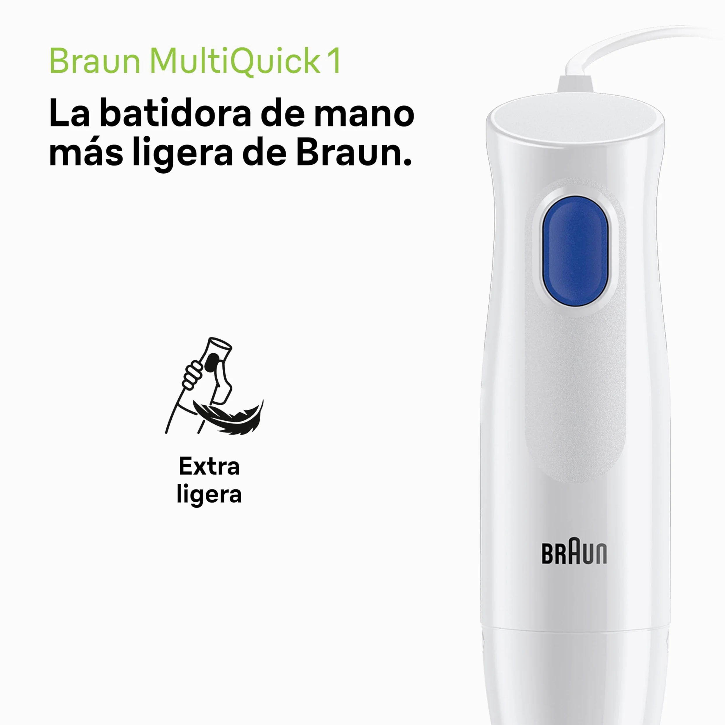 Braun Minipimer MultiQuick 1 - Batidora de mano ligera para sopas, batidos y papillas para bebé, 1 velocidad, vaso medidor 600 ml, 450W, blanco (MQ10.001MWH)