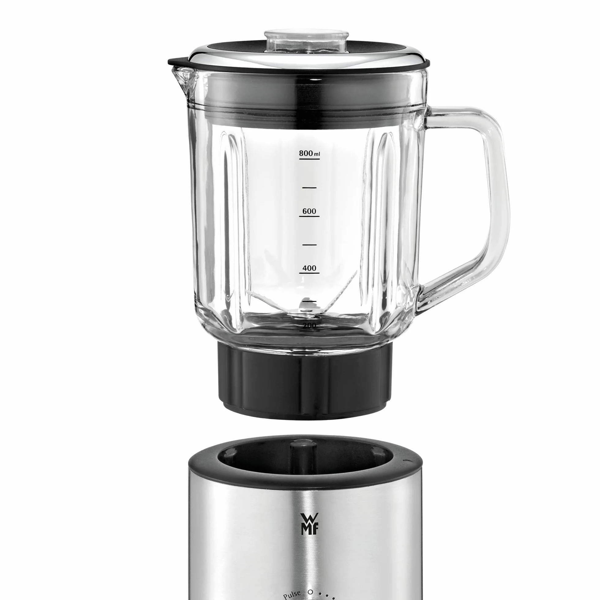 WMF Kitchenminis - Batidora de vaso 400 W,0.8 litros, 6 cuchillas, recipiente de vidrio, acabado de acero inoxidable cromargan mate, 5 velocidades, negro/transparente