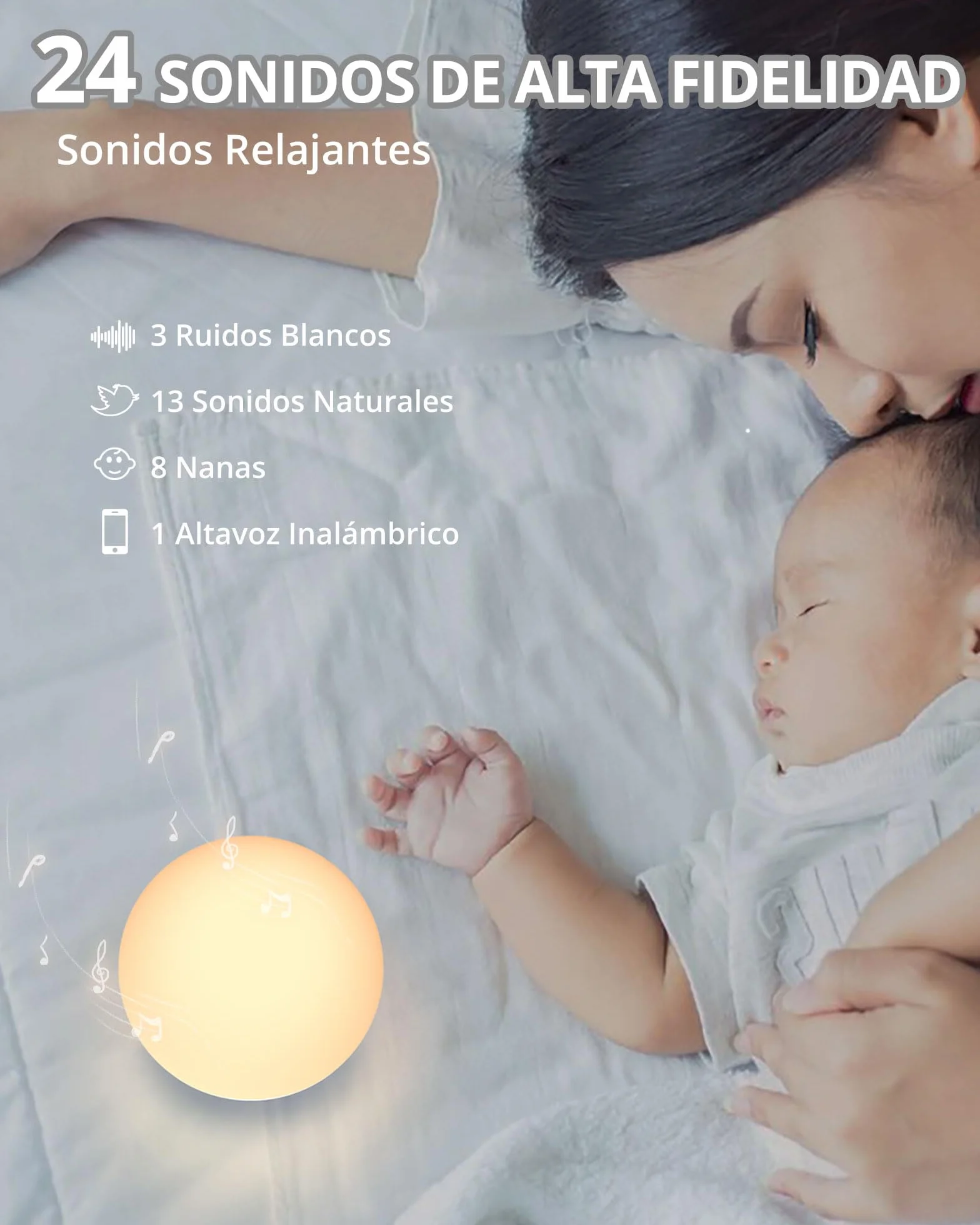 HOMGEN Máquina de Ruido Blanco 2 en 1 Recargable con Luz LED Ajustable, 24 Sonidos Relajantes, Luz Nocturna con Temporizador