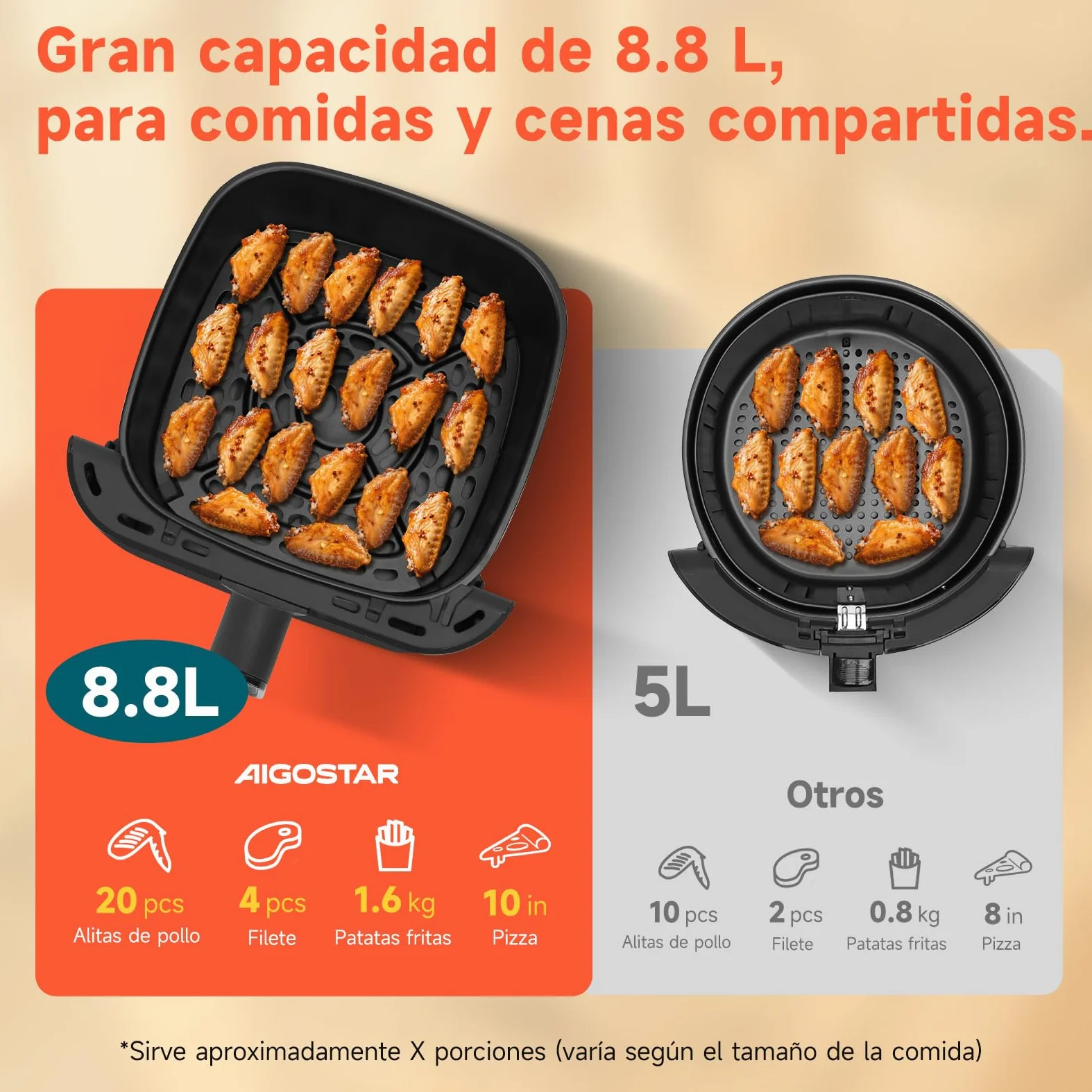 Aigostar Freidora de Aire XXL 8.8L Air Fryer 2200W, Doble Resistencia, 55% Menos Energía, Air Fryer con 13 Programas, Acero Inox Interior, Pantalla Táctil y Ventana, Comunidad Recetas, Negro