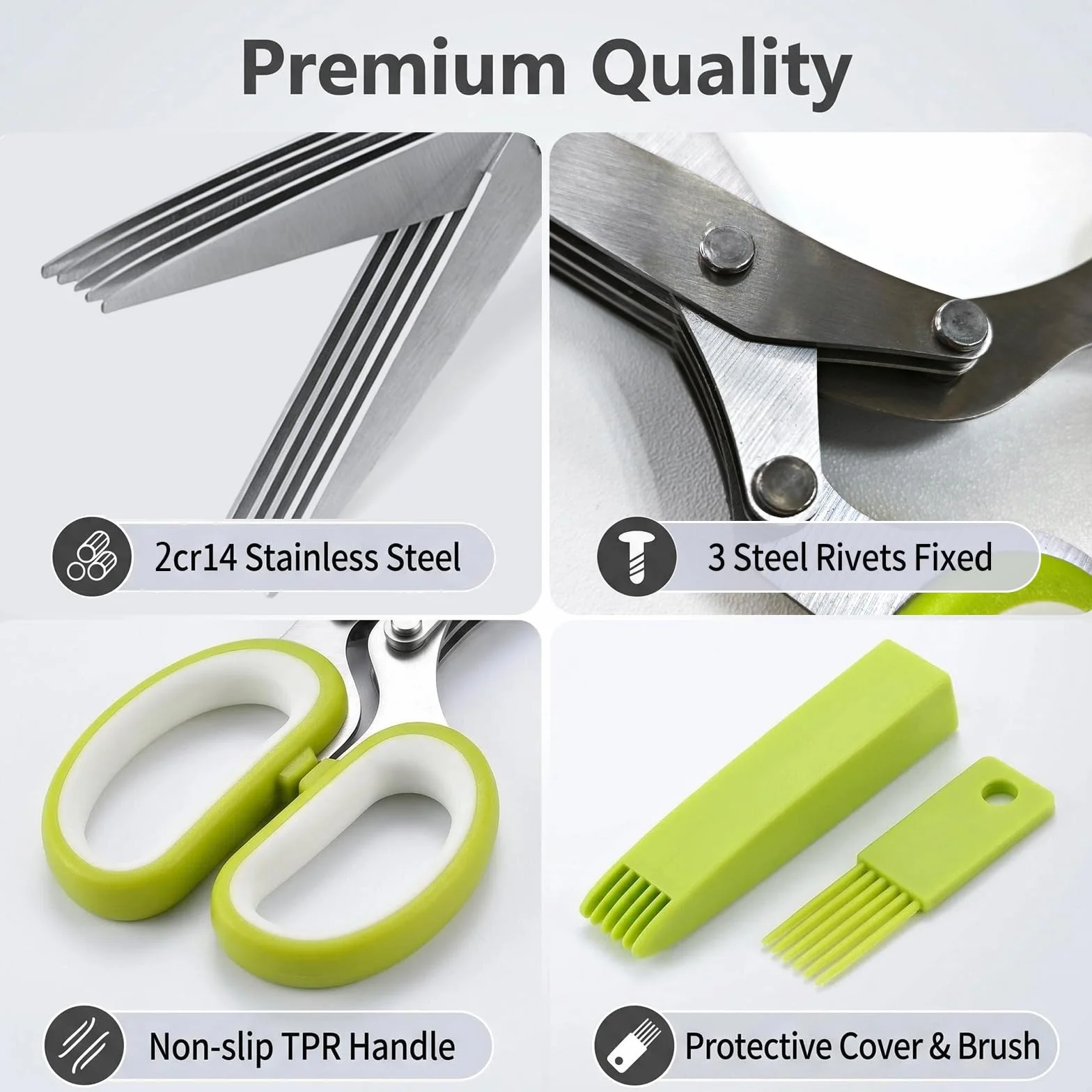 Tijeras Para Hierbas, Tijeras Cocina Acero, 5 Cuchillas De Acero Inoxidable, Con Tapa De Seguridad Y Cepillo De Limpieza, Para Cortar Hierbas, Hierbas, Pimientos, Perejil, Cebolla