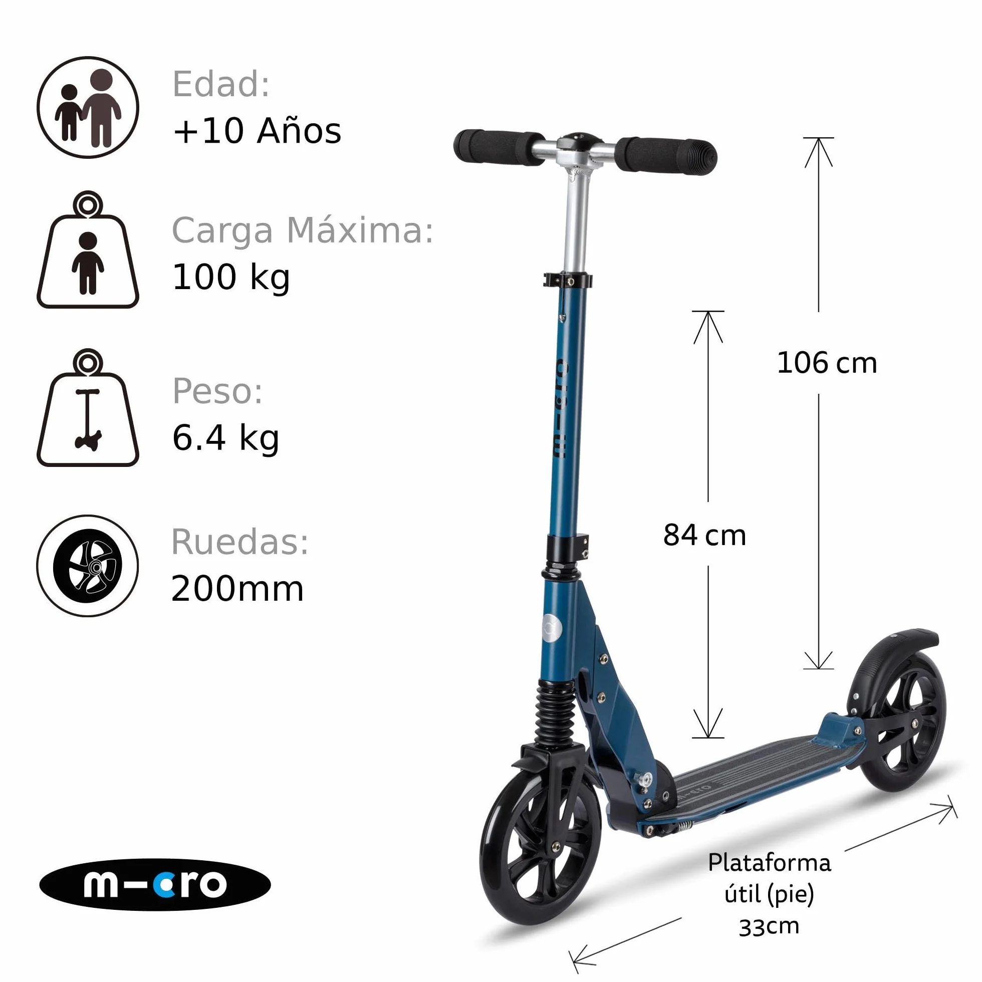 Patinete Plegable Micro® Suspension Amortiguación Delantera y Trasera Ruedas 200mm PU