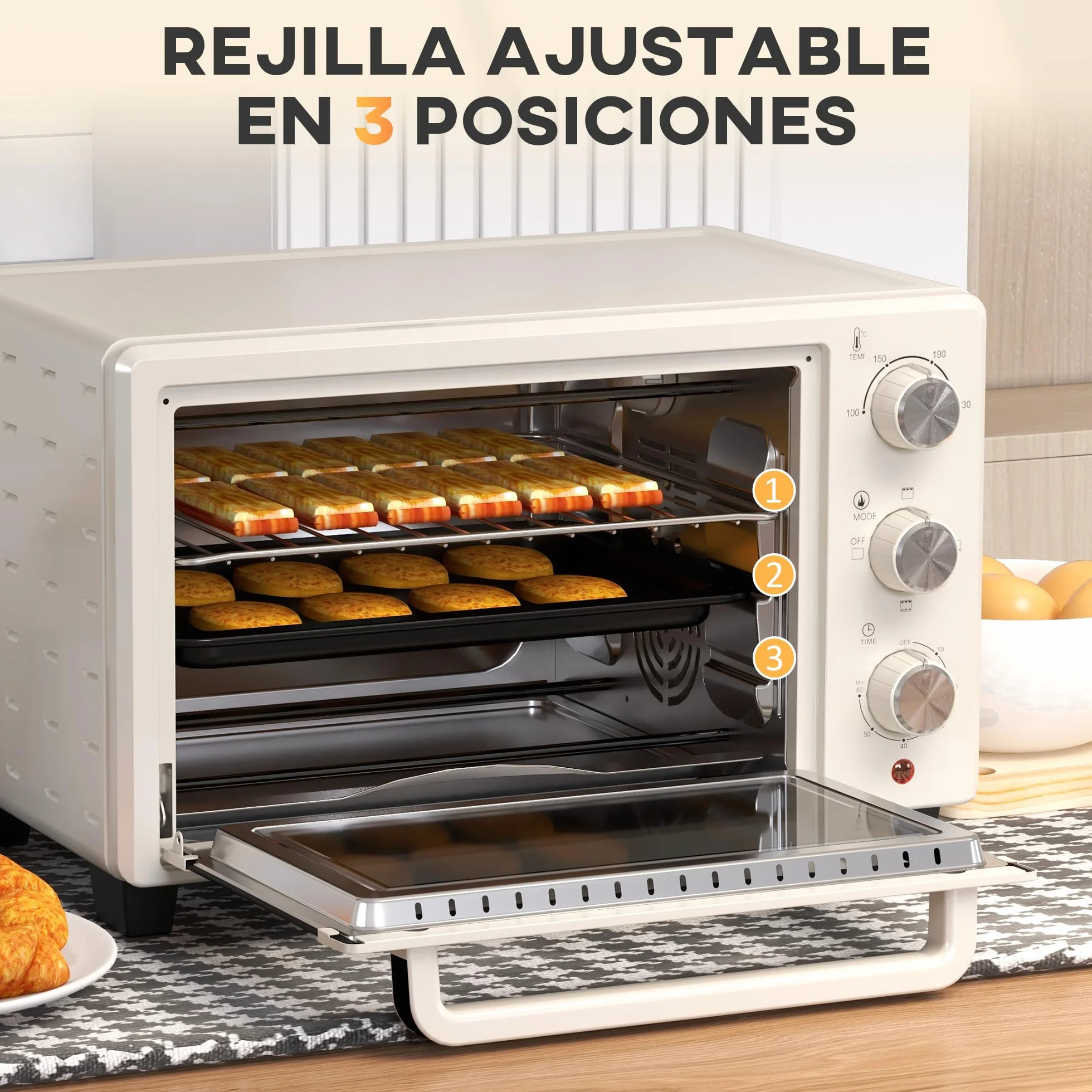 HOMCOM Horno Eléctrico de Sobremesa Horno Sobremesa de 21L 1400W Mini Horno Tostador con Temporizador hasta 60min y Temperatura Regulable hasta 230℃ Crema