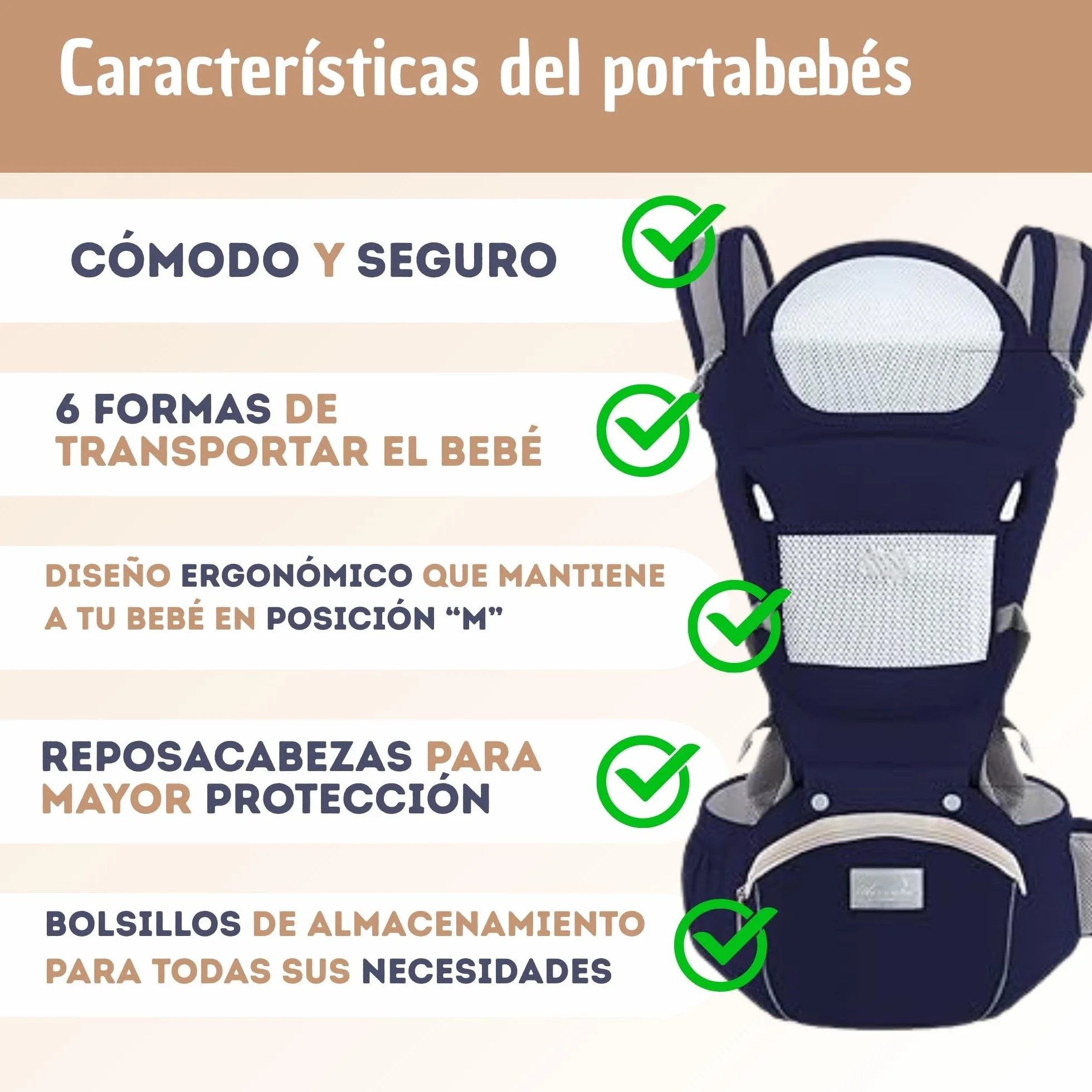 Mochila Portabebés Ergonómica 0-36 Meses Ajustable Soporte Lumbar Tirantes Acolchados Transpirable Algodón Suave Antialérgico Azul Marino