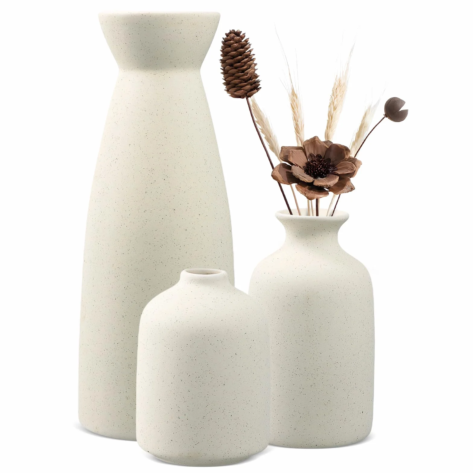 3PCS Conjunto de jarrones de cerámica, Minimalista Blanco Jarrón de Cerámica, Jarrones para Flores Frescas y Secas, Hierba de Pampas, Florero Jarrones Decoración Moderna del Hogar