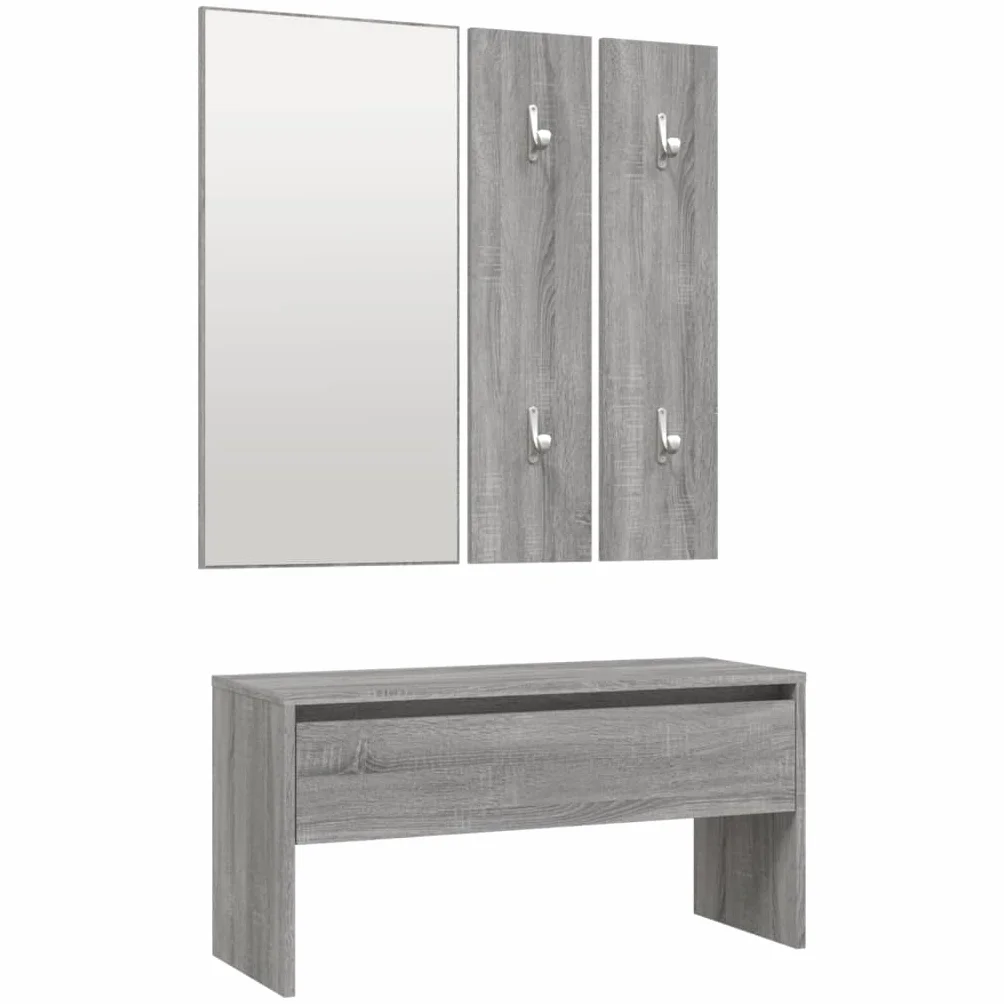 Juego de percheros Sonoma gris de madera con flurbank, espejo, caja de almacenamiento, jardinera, banco, cajón, espacio de almacenamiento para pasillo, entrada, soporta hasta 110 kg