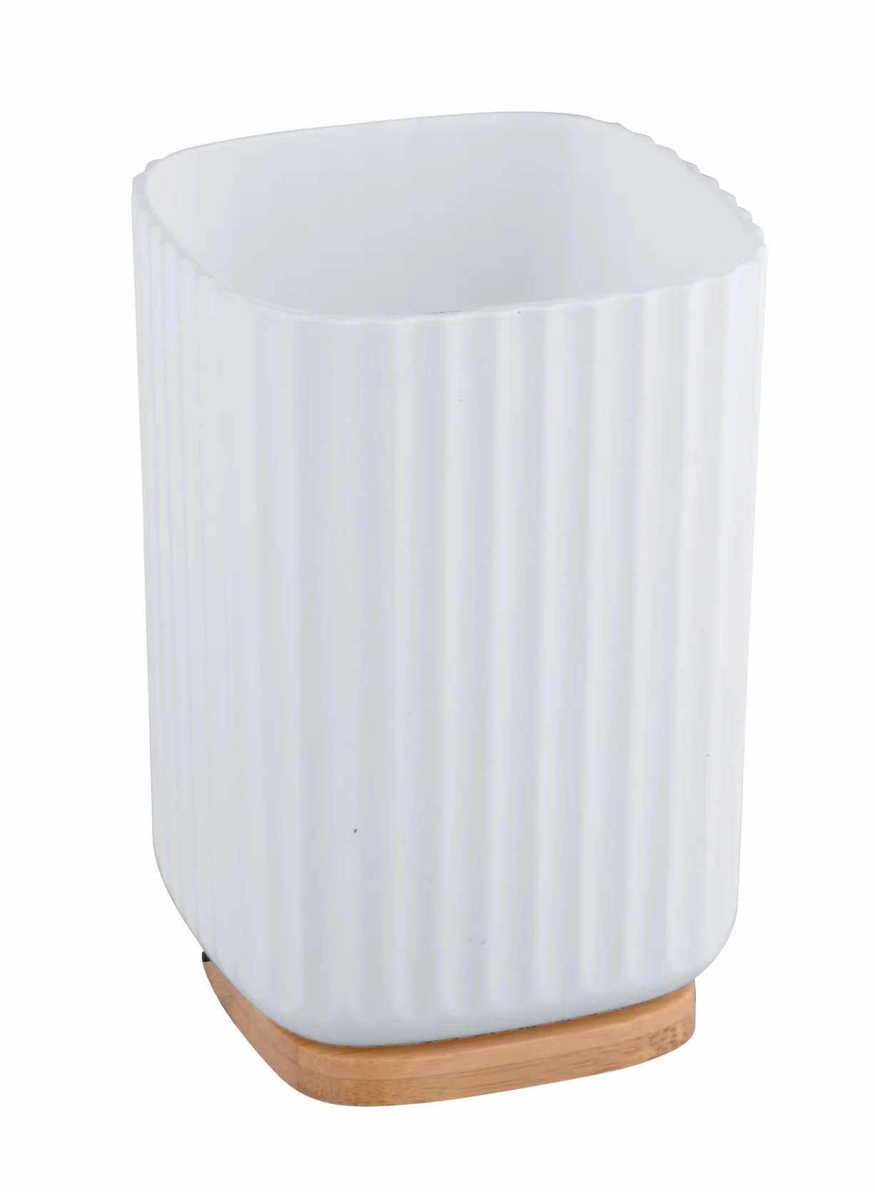 WENKO Vaso para el cepillo de dientes Rotello, portacepillos de plástico py base de bambú, para guardar utensilios, estructura acanalada de fácil sujeción, Ø 8,6 x 11,1 cm, blanco/natural