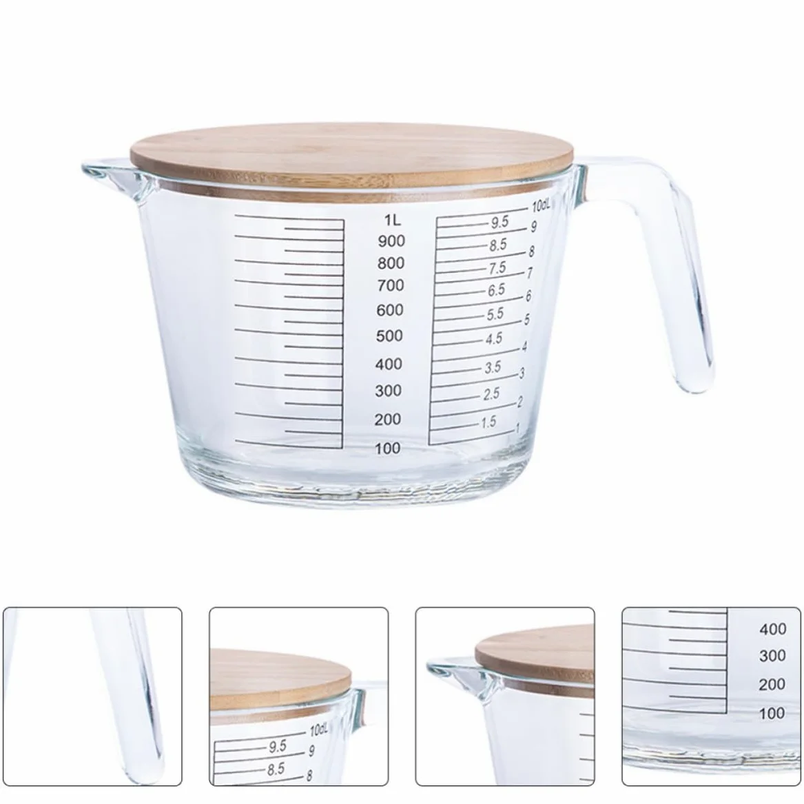 OSALADI Jarra Medidora Material Vidrio y Madera Fácil de Limpiar de Vidrio Resistente al Calor con Escala Adecuado para Medir Jugos y Líquidos en Cocina