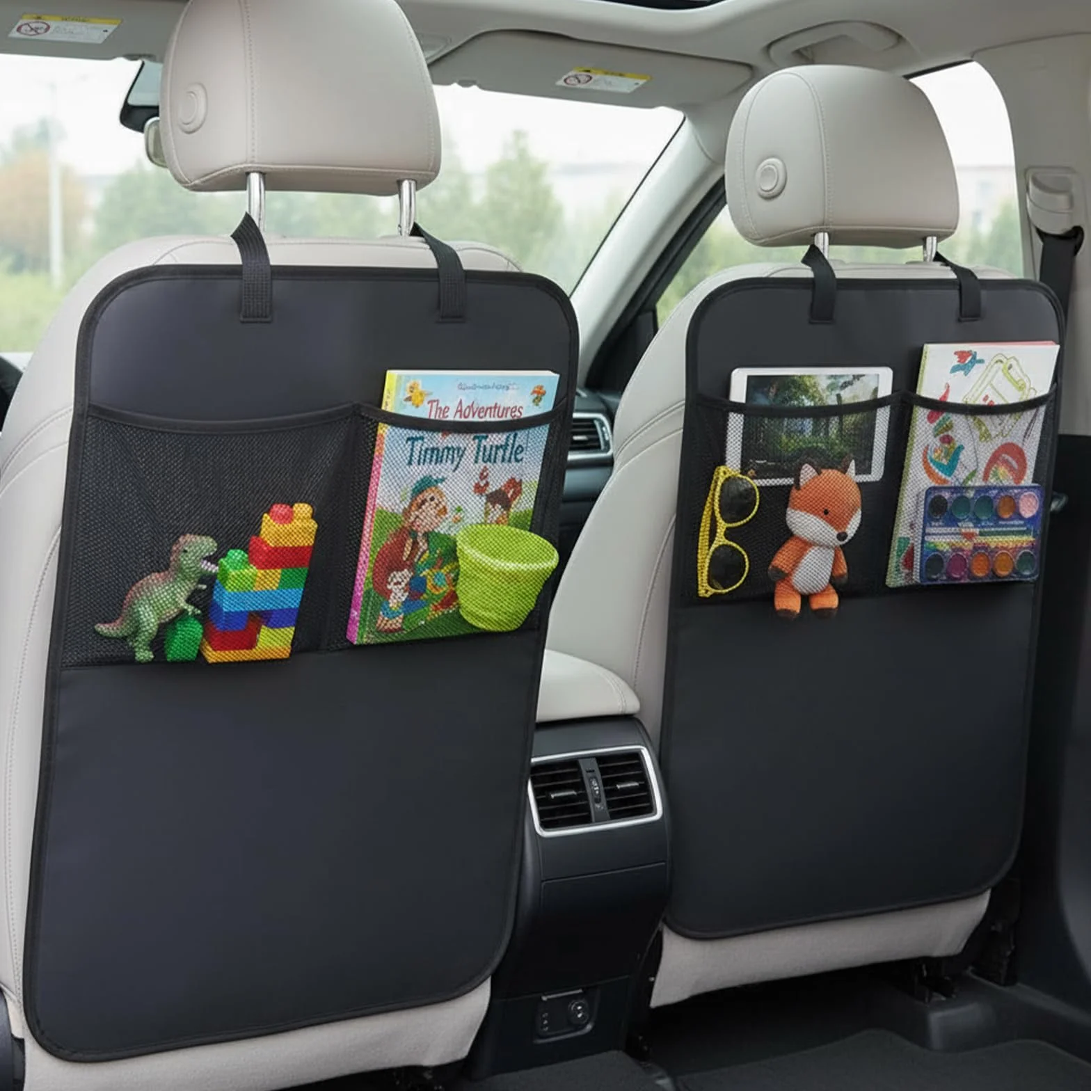 Protector de Asiento de Coche Resistente al Agua, 2 Piezas 45 x 60 cm Asiento de Coche con 2 Bolsillos de Malla, Protección para la Parte Trasera de los Asientos Delanteros