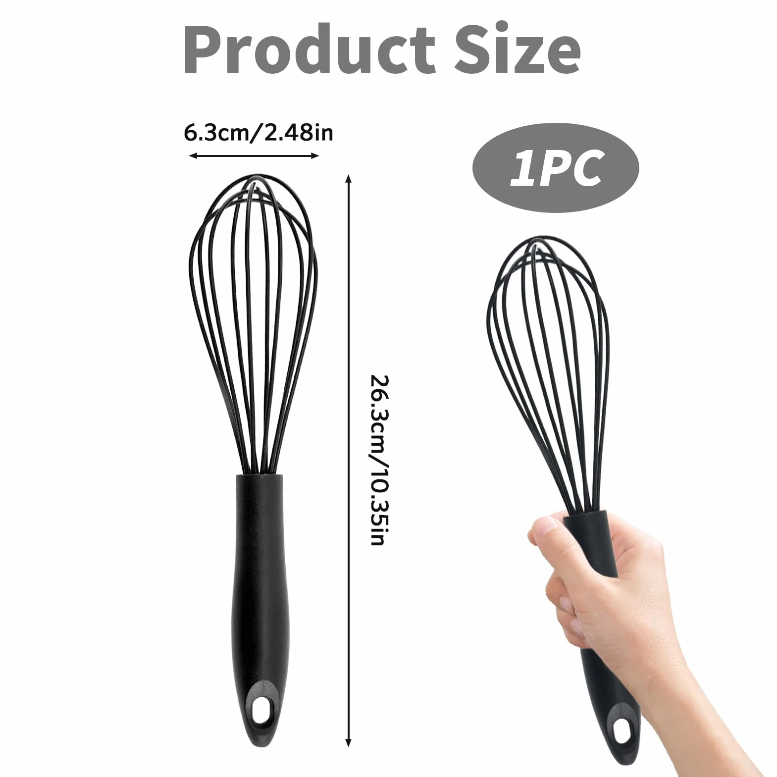 Batidor de Silicona para Cocina,Mango Cómodo y Seguro,Ideal para Batir, Mezclar y Revolver,Manual Varillas para Mezclar Batir Espumar y Revolver,Negro