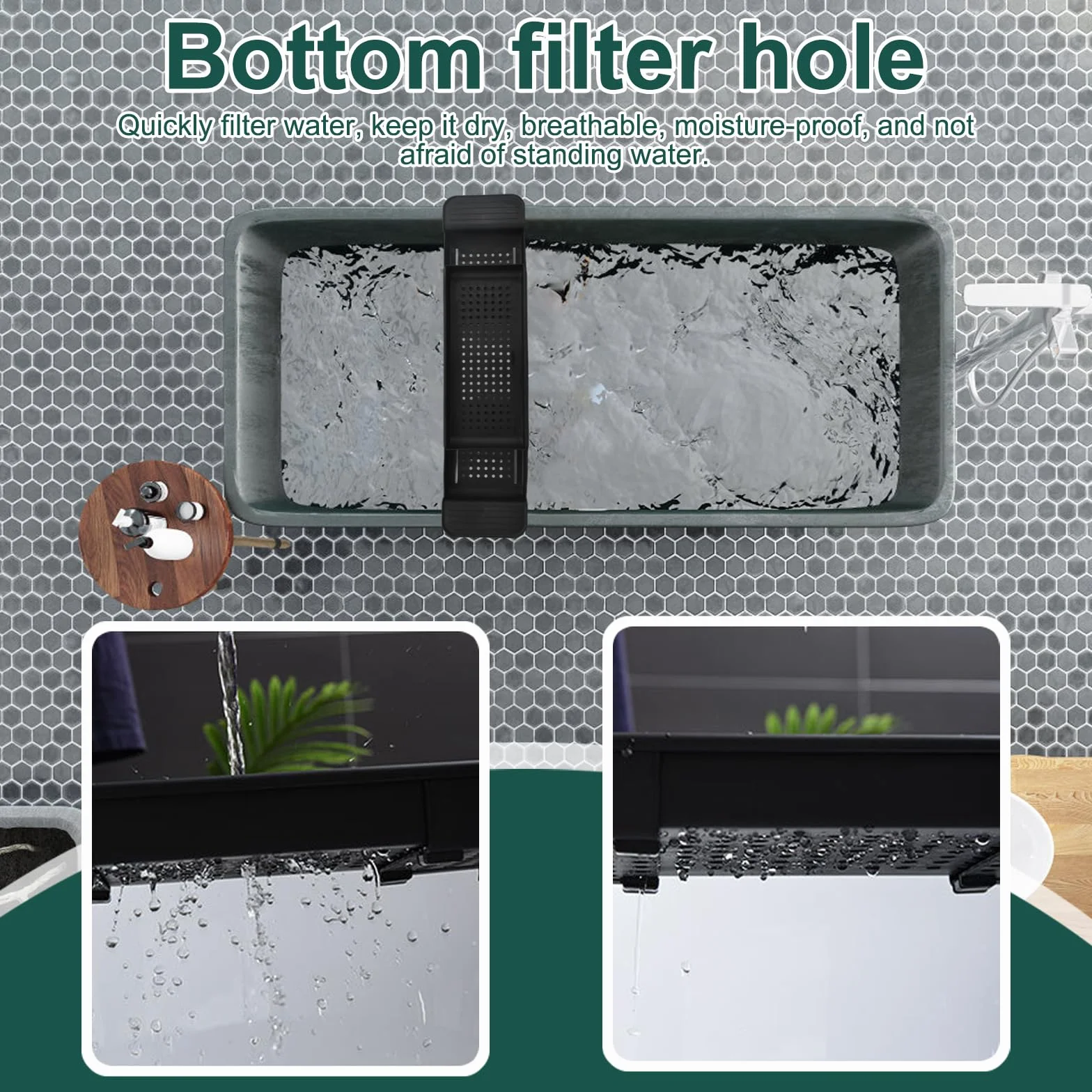 Amexo Bandeja para Bañera con Diseño de Desagüe, de Plástico Expandible, Bandeja para Copas de Vino, Tabletas, Aromaterapia, Peines, Velas, Productos de Baño (Negro)