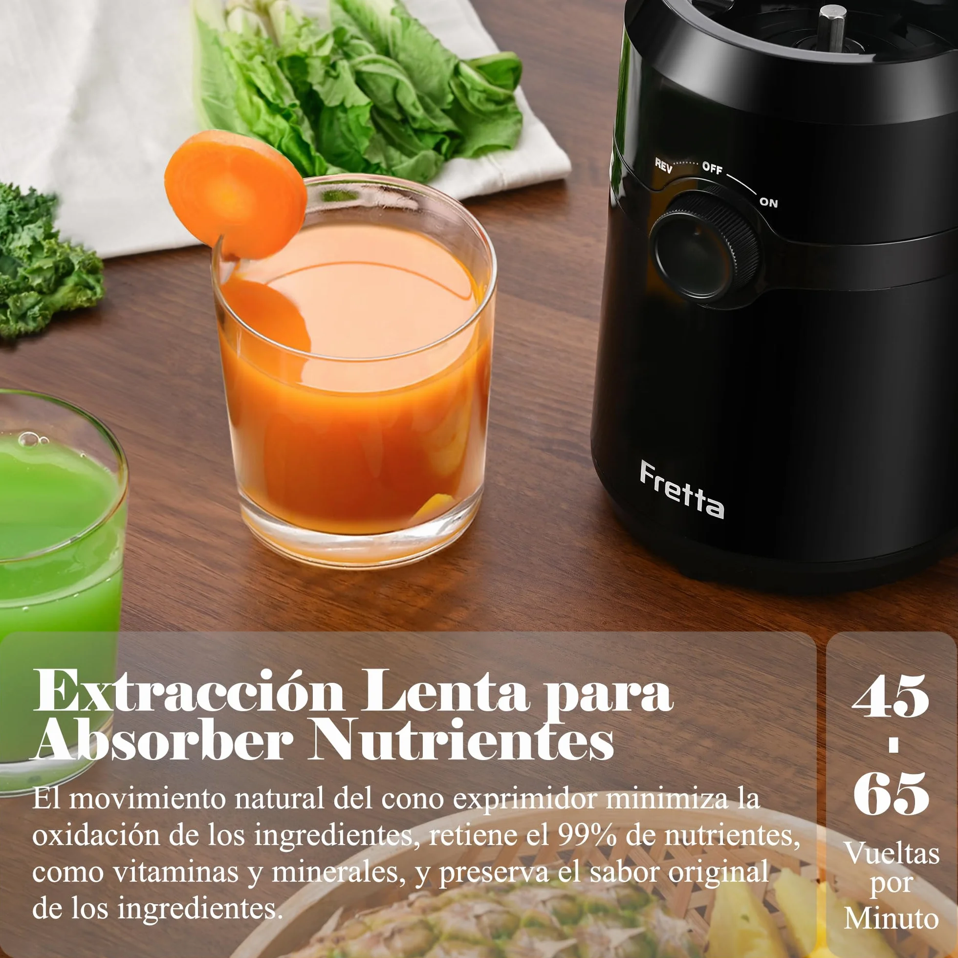 Fretta Extractor de Zumos y Verduras, Apertura de 108MM y Capacidad de 1L, Licuadora Prensado en Frio para Verduras Frutas Enteras, 200W Slow Juicer Machine, Fácil Montaje y Limpieza, Sin BPA (Negro)