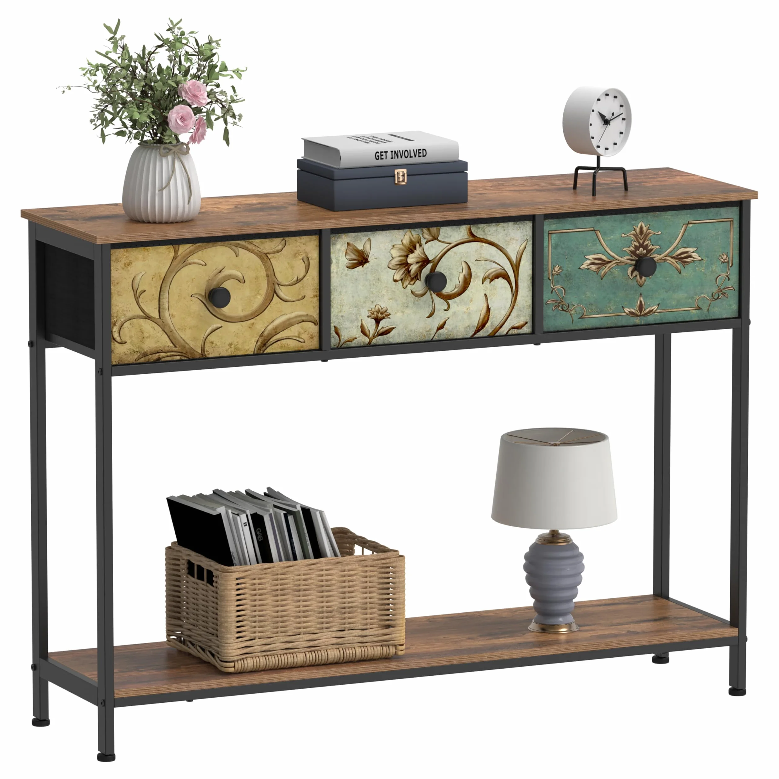 VEDECASA Mesa consola mesa auxiliar con 3 cajones de tela, mesa de pasillo con estantes de almacenamiento abiertos, mesa de entrada, mesa de sofá para pasillo, salón, dormitorio, madera, marco de