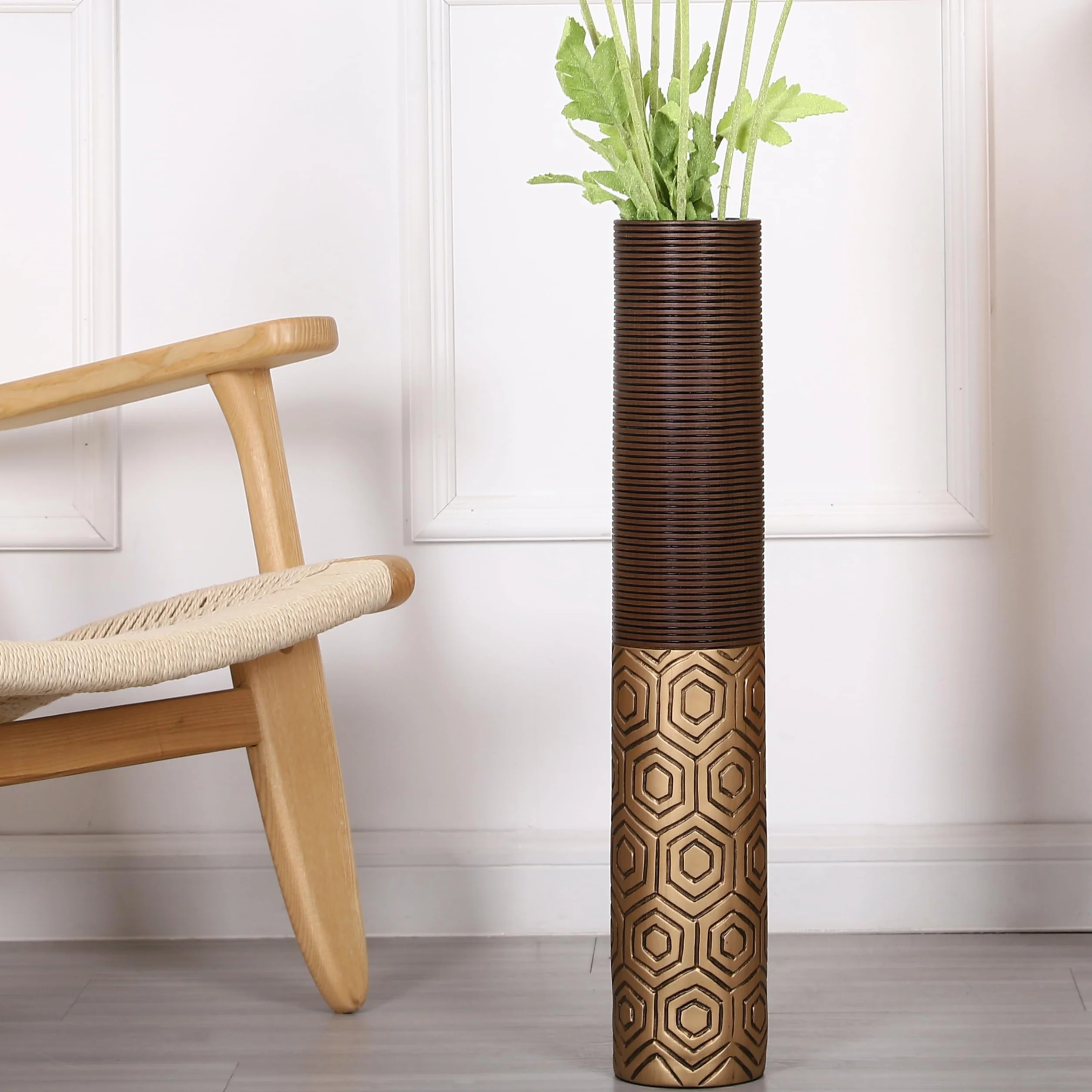 Leewadee Gran Jarrón de Suelo 65 cm Poliresina para Pampa & Flores Secas | Jarrón deco para el salón: impermeable para flores frescas, ideal para Pampa & ramas, aspecto cerámica pero más resistente