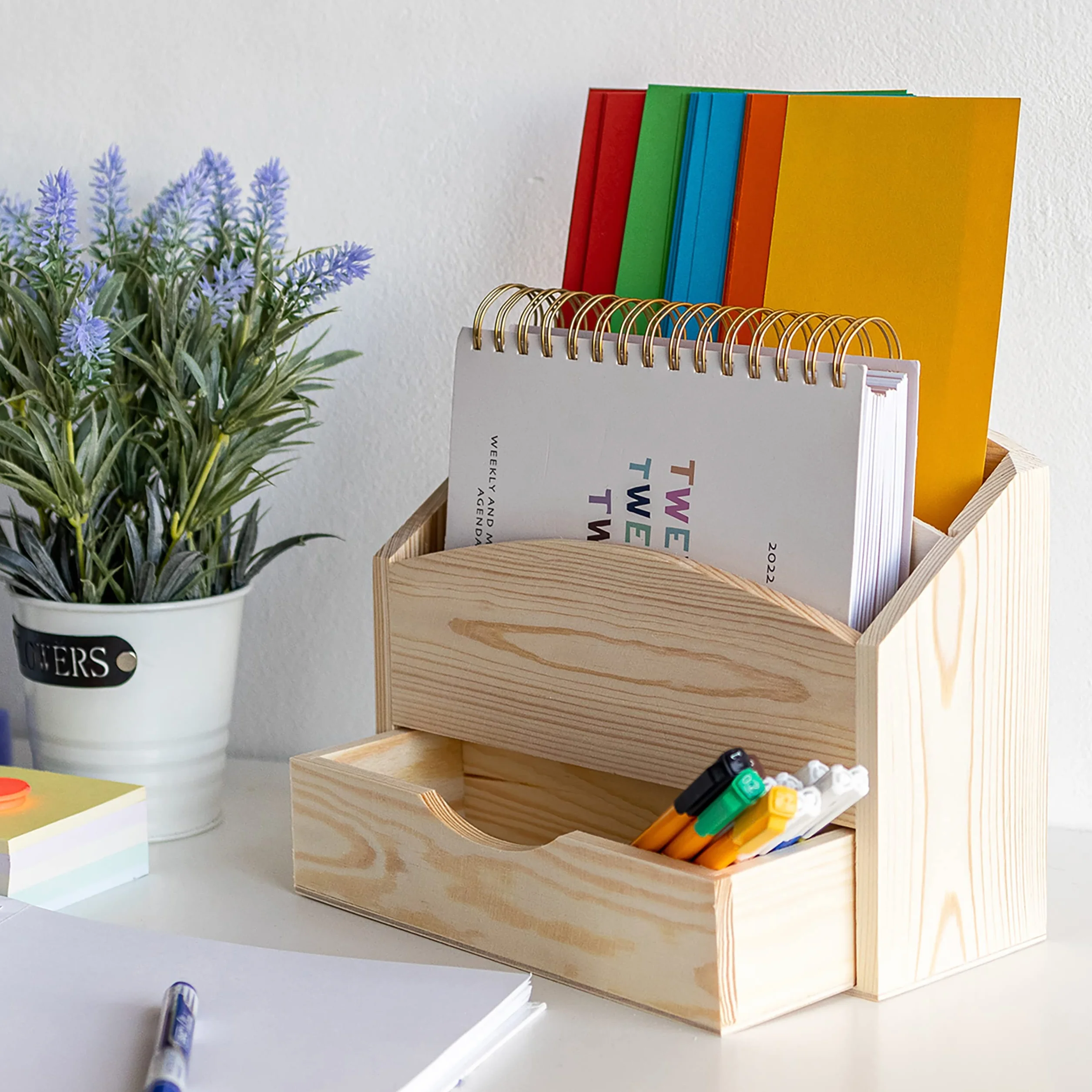 Creative Deco Organizador Escritorio Madera | 2 Compartimentos y Cajón | 25 x 10 x 20,5 cm | Clasificador Documentos Cartas Papeles | Perfecto para Decoupage y Decoración