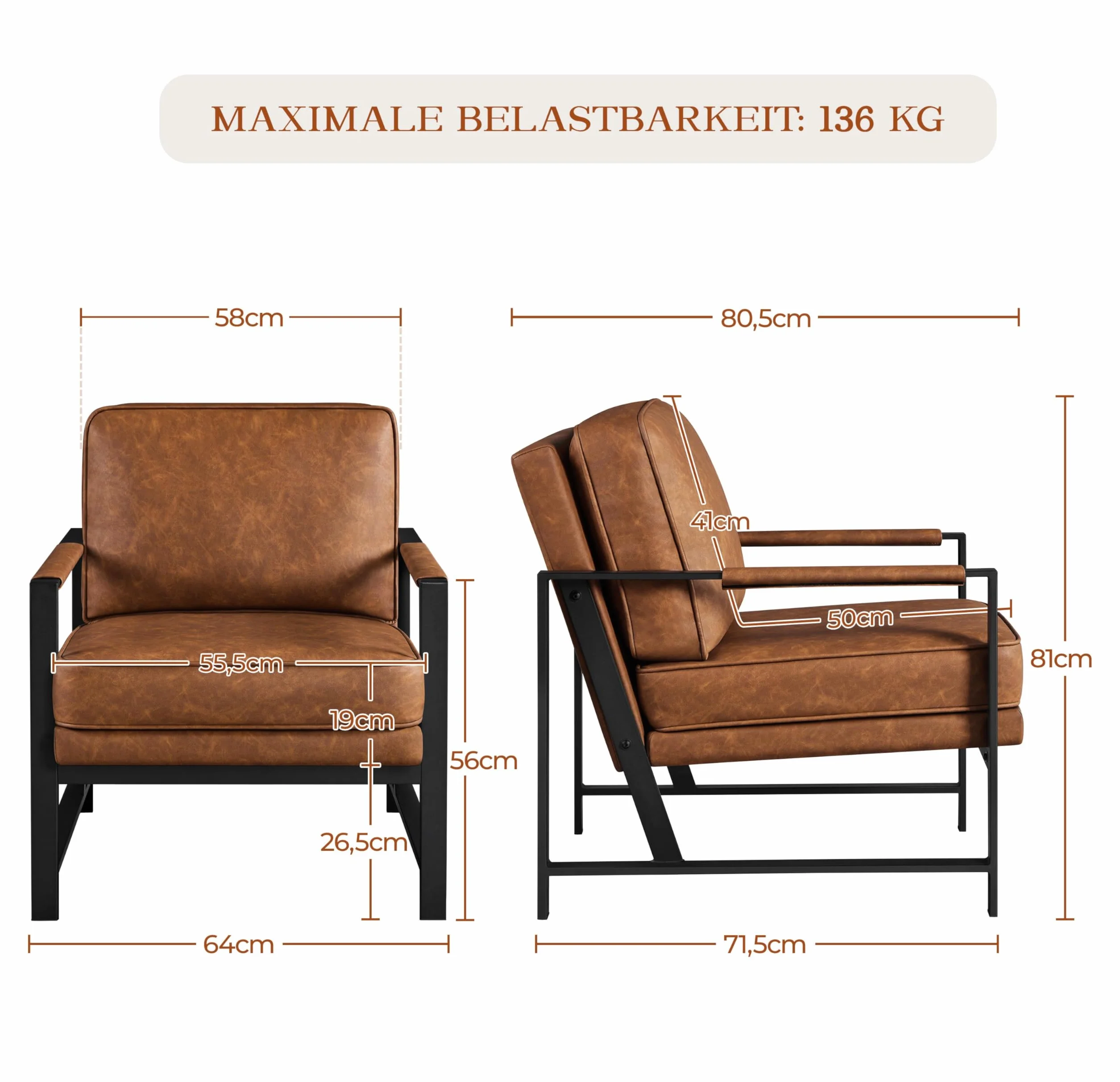 Yaheetech Sillón reclinable retro con respaldo individual con marco de metal y piel sintética, color marrón claro