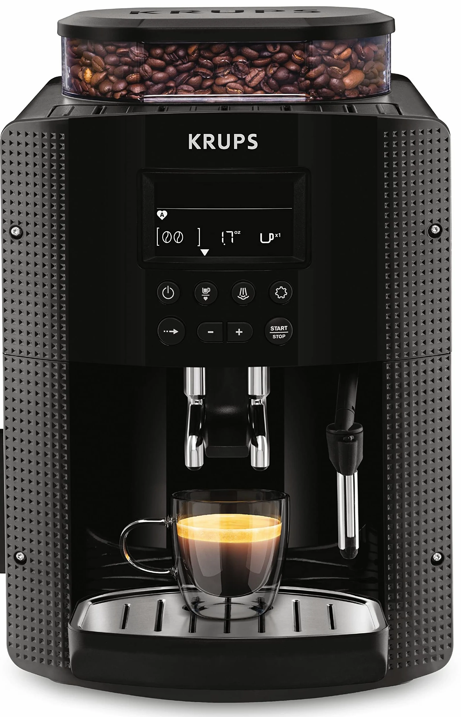Krups EA8150 Cafetera Automática 15 Bares de Presión, 3 Niveles de Intensidad, Programa Automático de Limpieza, Molinillo Integrado, Pantalla LCD, Ajustable de 20 ml a 220 ml, Tamaño único