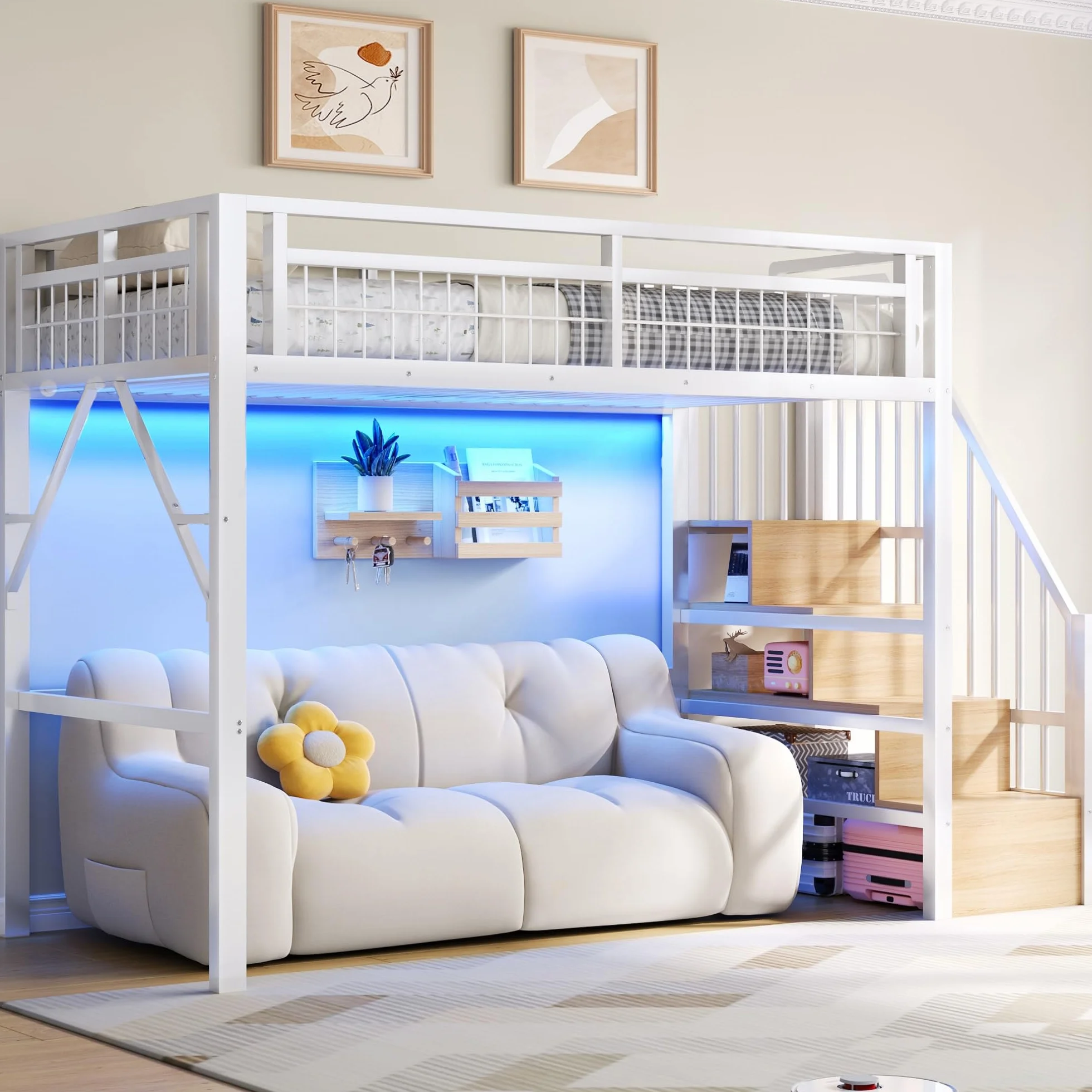 Lubvtti Cama alta de metal 90 x 200 cm con luz LED, cama individual tipo loft, espacio utilizable debajo de la cama, escalera de seguridad con espacio de almacenamiento, blanco (colchón no incluido)