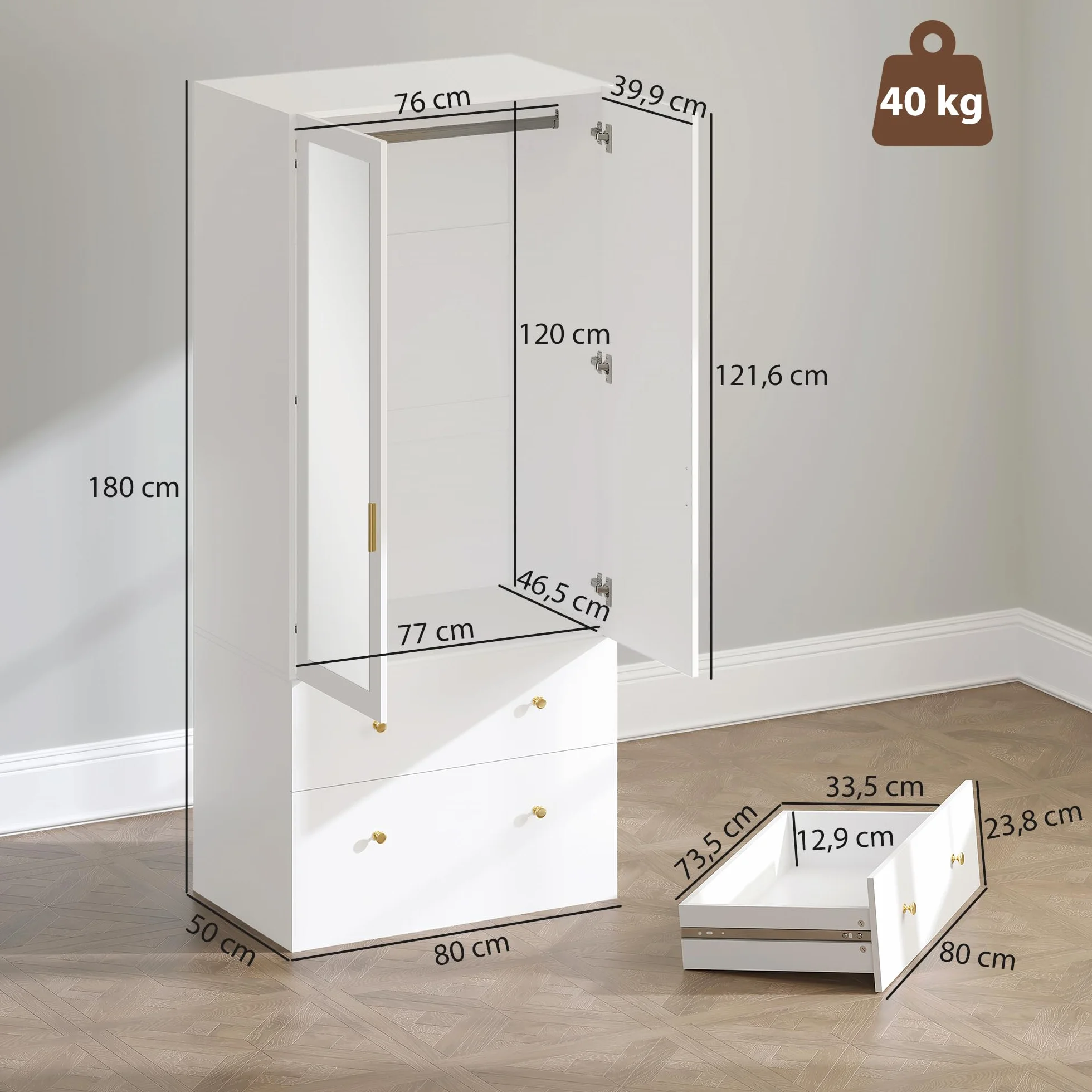 HOMCOM Armario Dormitorio 2 Puertas y 2 Cajones, Armario Ropero con Espejo, Barra para Colgar, Estilo Moderno, 80x50x180 cm, Blanco