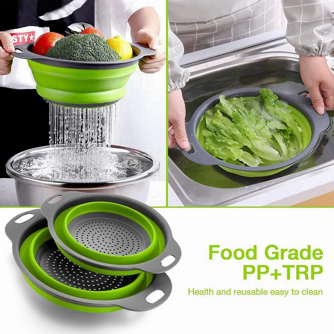 Juego de 2 coladores plegables redondos de silicona para fregadero de cocina y cesta de frutas, 1 grande y 1 pequeño, perfecto para escurrir pasta, verduras y frutas, artículos esenciales para el