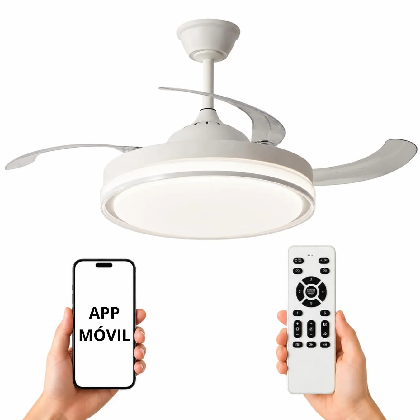 NARVI Ventilador de Techo Blanco con Luz LED Regulable, Motor DC 30W Silencioso de Bajo Consumo, Lámpara Ventilador con Mando a Distancia, 3 Aspas Retráctiles, Función Invierno Verano, LOVANIA 1576 WH