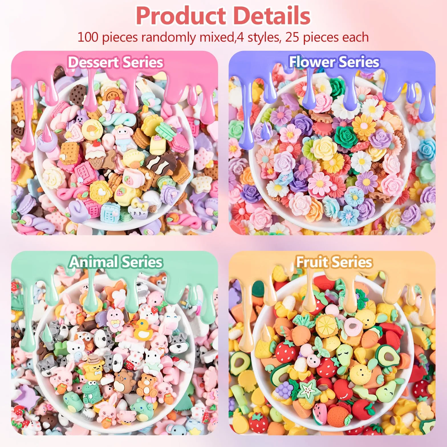 100 Piezas Surtido de Charms de Slime, Cute Cartoon Bulk Flatback Charms, Adornos de Gelatina y Resina Plana, Cute Cartoon Bulk Flatback Resina Adornos, para Hacer Manualidades