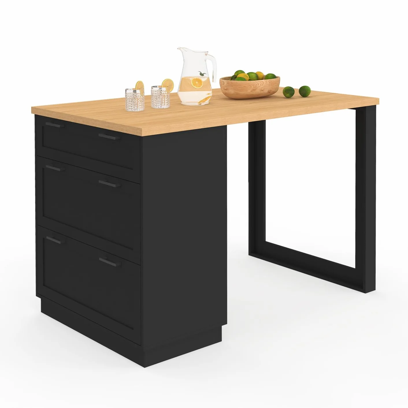 IDMarket – Ilot Central – Comedero de pie 4 personas VITO 130 cm cacerola 3 cajones negro y bandeja madera