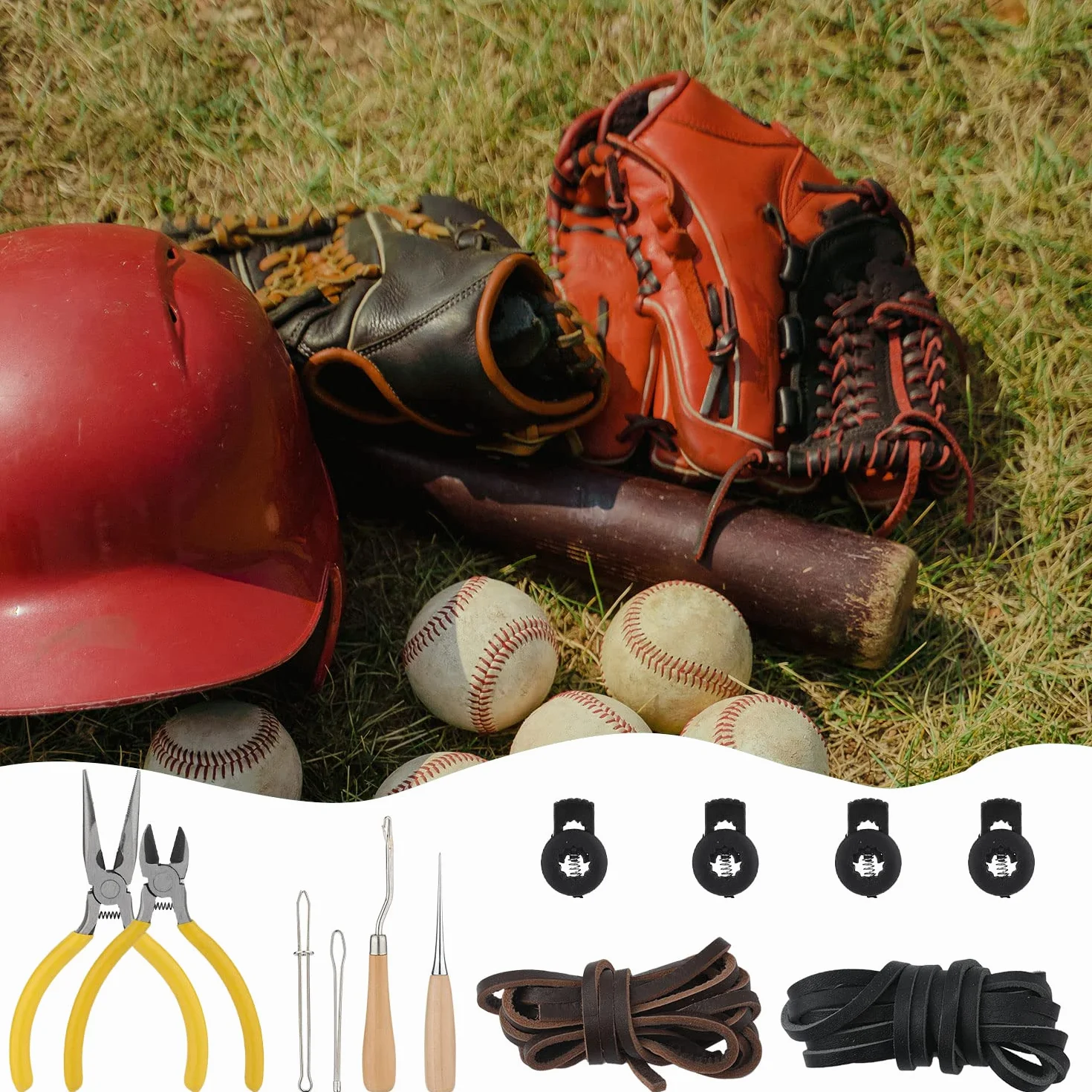 Kit de Reparación de Guantes de Béisbol 12 Piezas con Tiras, Enhebrador y Herramientas de Cordones
