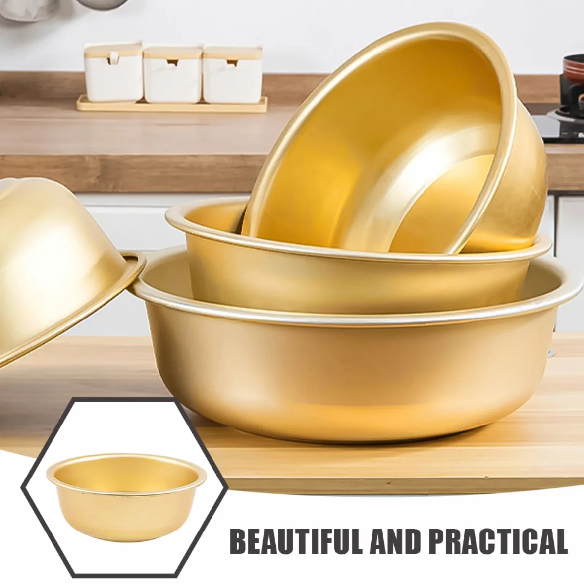 iplusmile Tazón Grande de Aluminio Dorado para Sopa Capacidad Amplia, Diseño Redondo y Seguro, Adecuado para Cocina y Lavado de Arroz
