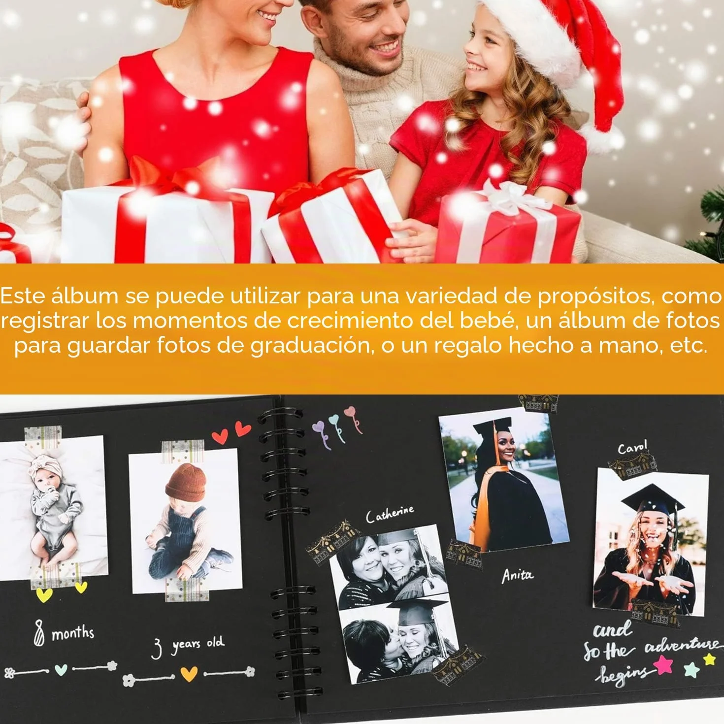 Album de Fotos para Pegar y Escribir Scrapbook, 80 Páginas Negras, DIY Scrapbooking Set con 10 rotuladores 5pcs Plantillas 6pcs Pegatinas y 2pcs Photo Corners, Original Regalos