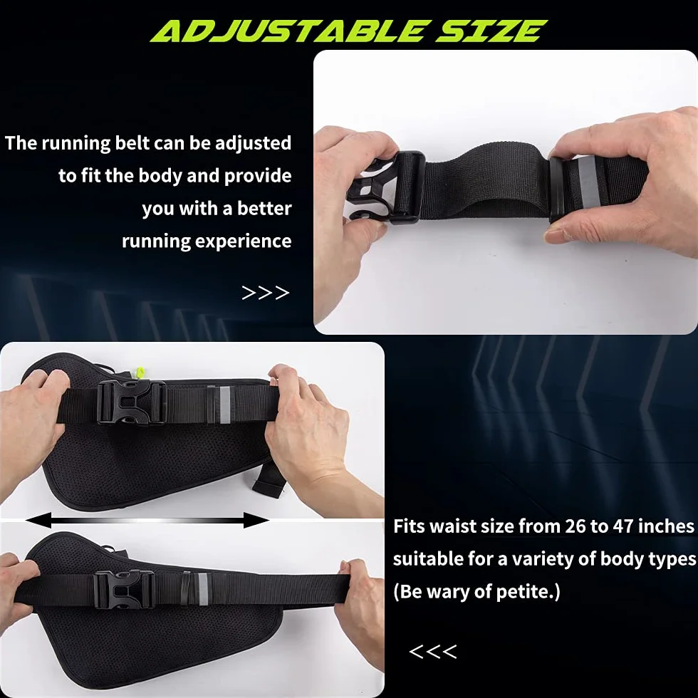 Cinturón de hidratación para correr con soporte para botella, riñonera reflectante ajustable, portabotellas, compatible con teléfono, negro