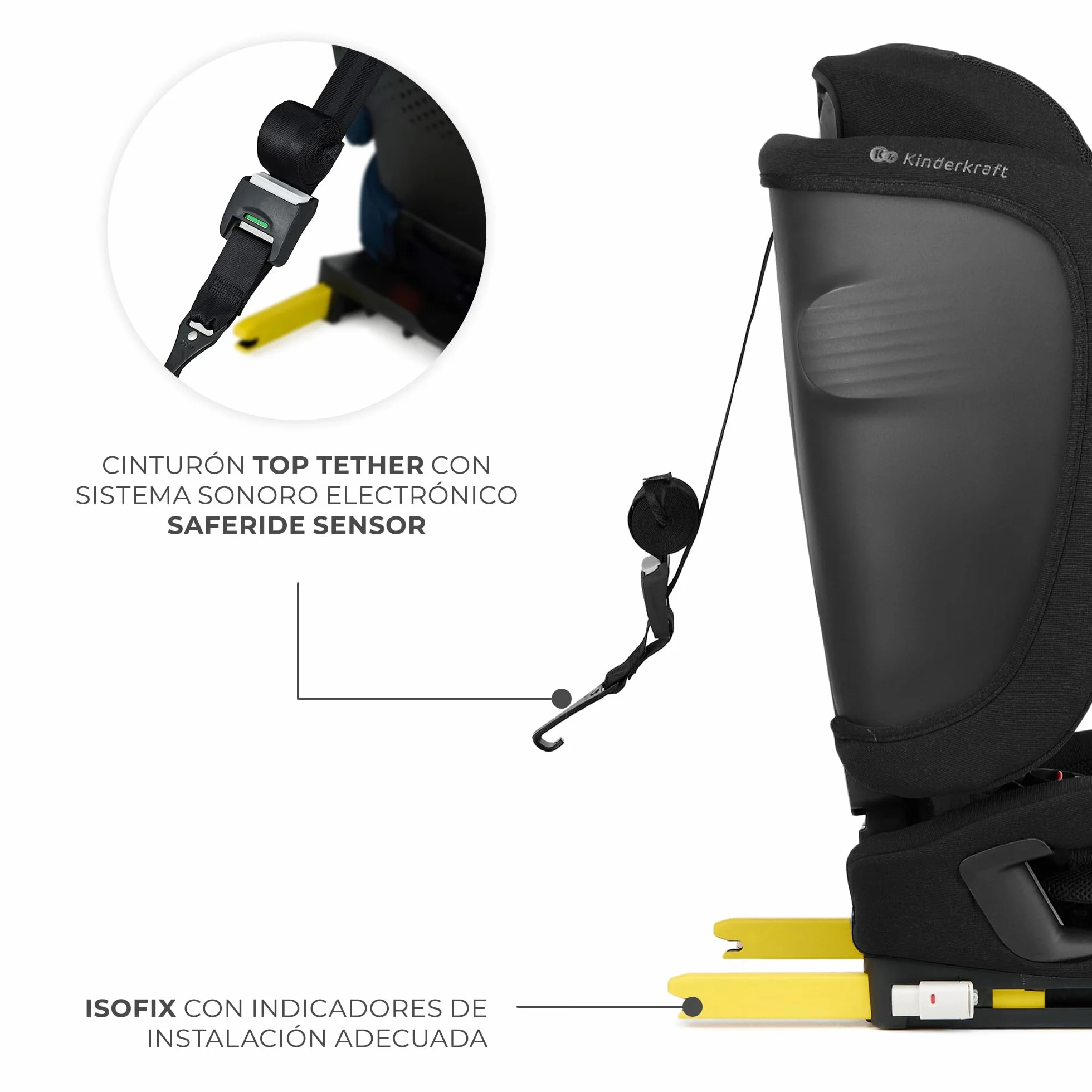 Kinderkraft FIX2GO Silla infantil i-size, 76-150 cm, base Isofix, Top Tether, sensores electrónicos, hasta aprox. 12 años, sistemas de seguridad, tapizados premium, reclinables, Negro