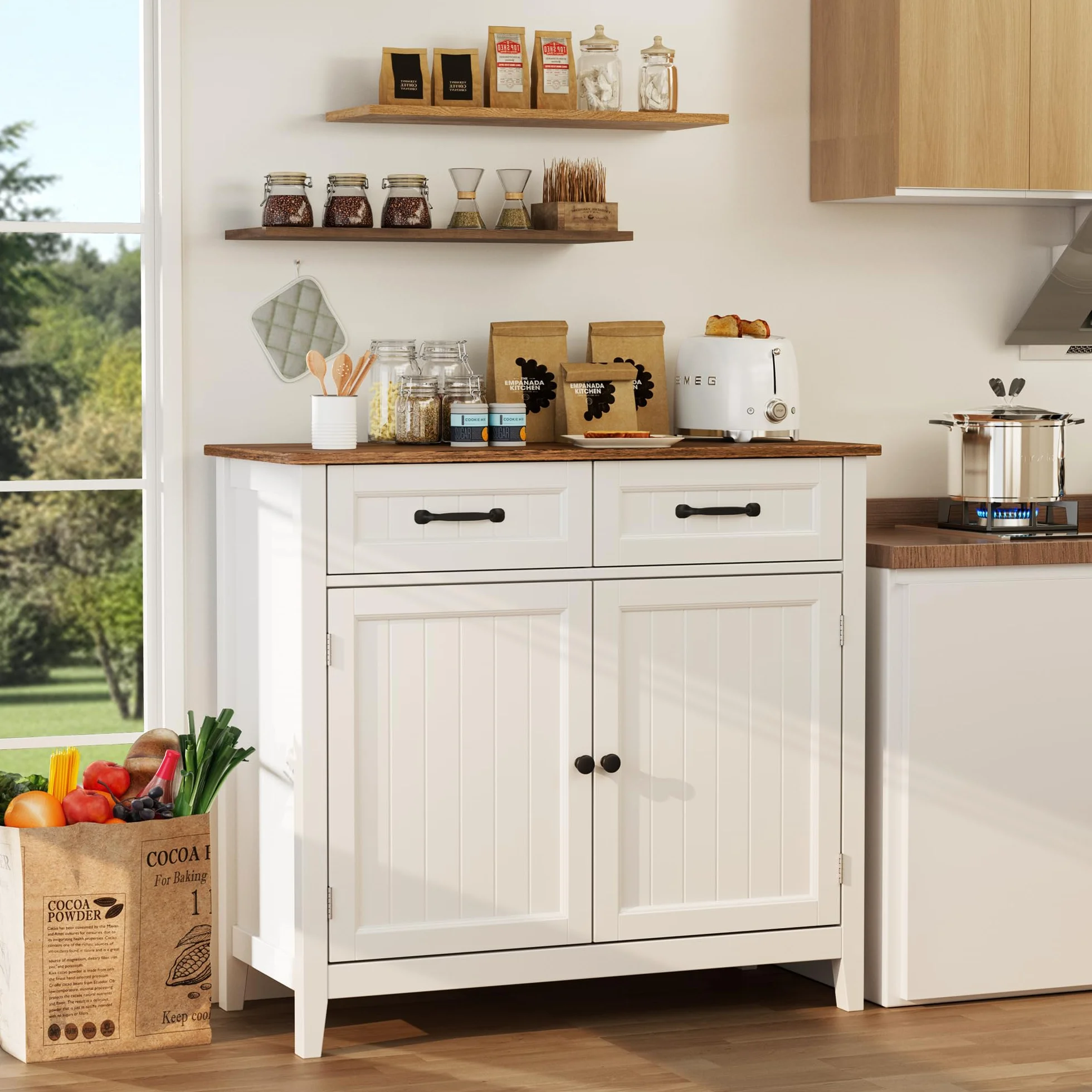 Aparador de Cocina, Aparador Auxiliar con 2 Cajones y 2 Puertas para Cocina, Comedor y Sala, 90×40×82 cm (Retro)
