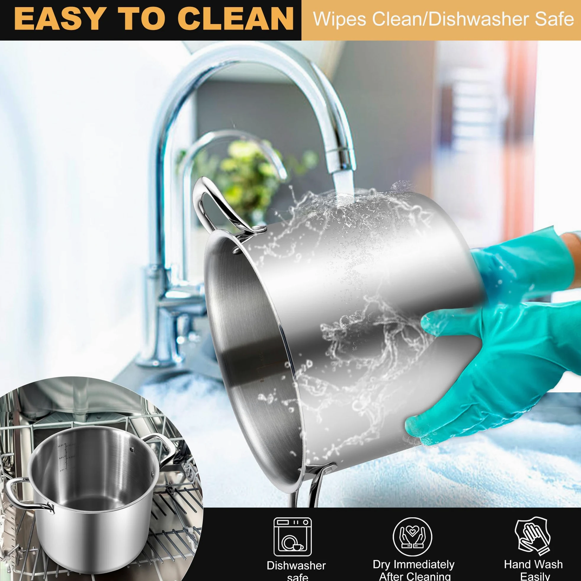 Joyfair Olla grande de acero inoxidable de tres capas de 10 L con tapa de vidrio, inducción, gas, cerámica, eléctrica, halógena, para cocinar a fuego lento, asas remachadas y fácil de limpiar