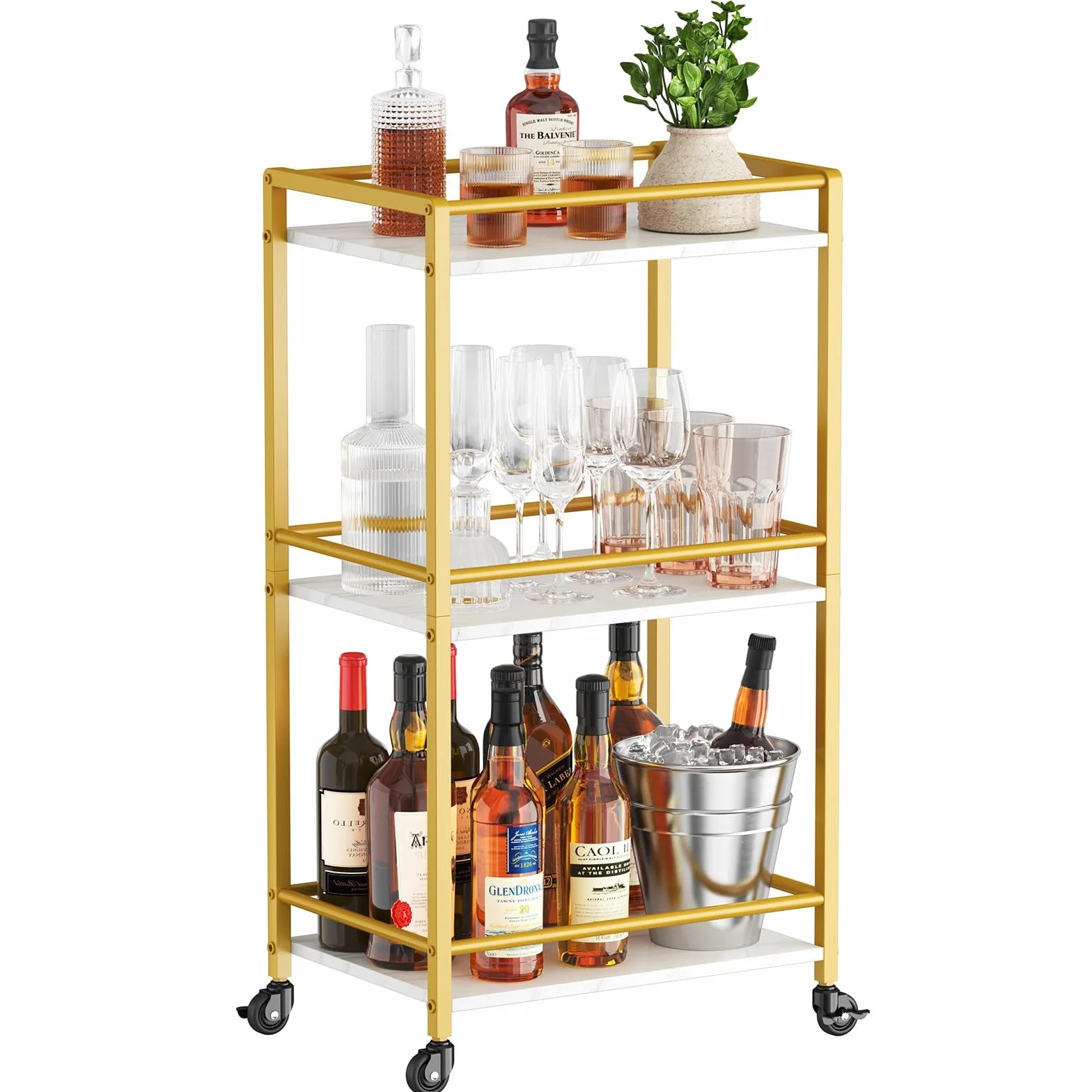 Lifewit Carrito de Cocina, Carrito Auxiliar de 3 Niveles, Carrito de Servicio de Té con Ruedas con Bloqueo para Cocina, Comedor o Sala de Estar, 43.2 x 30 x 81.5 cm, Dorado