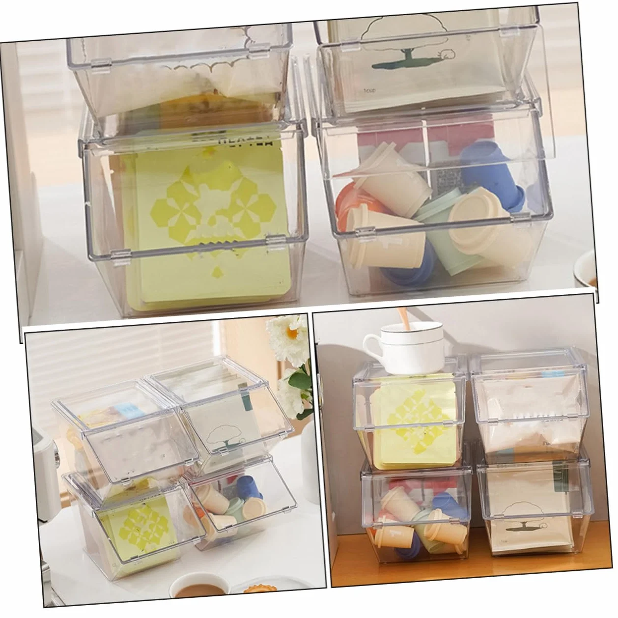 LIFKOME Organizador De Bolsitas De Té y Café Acrílico, 4 Piezas, Compacto y Transparente, Resistente y Liviano, Para Cocina y Despensa, Caja Apilable Capacidad Grande