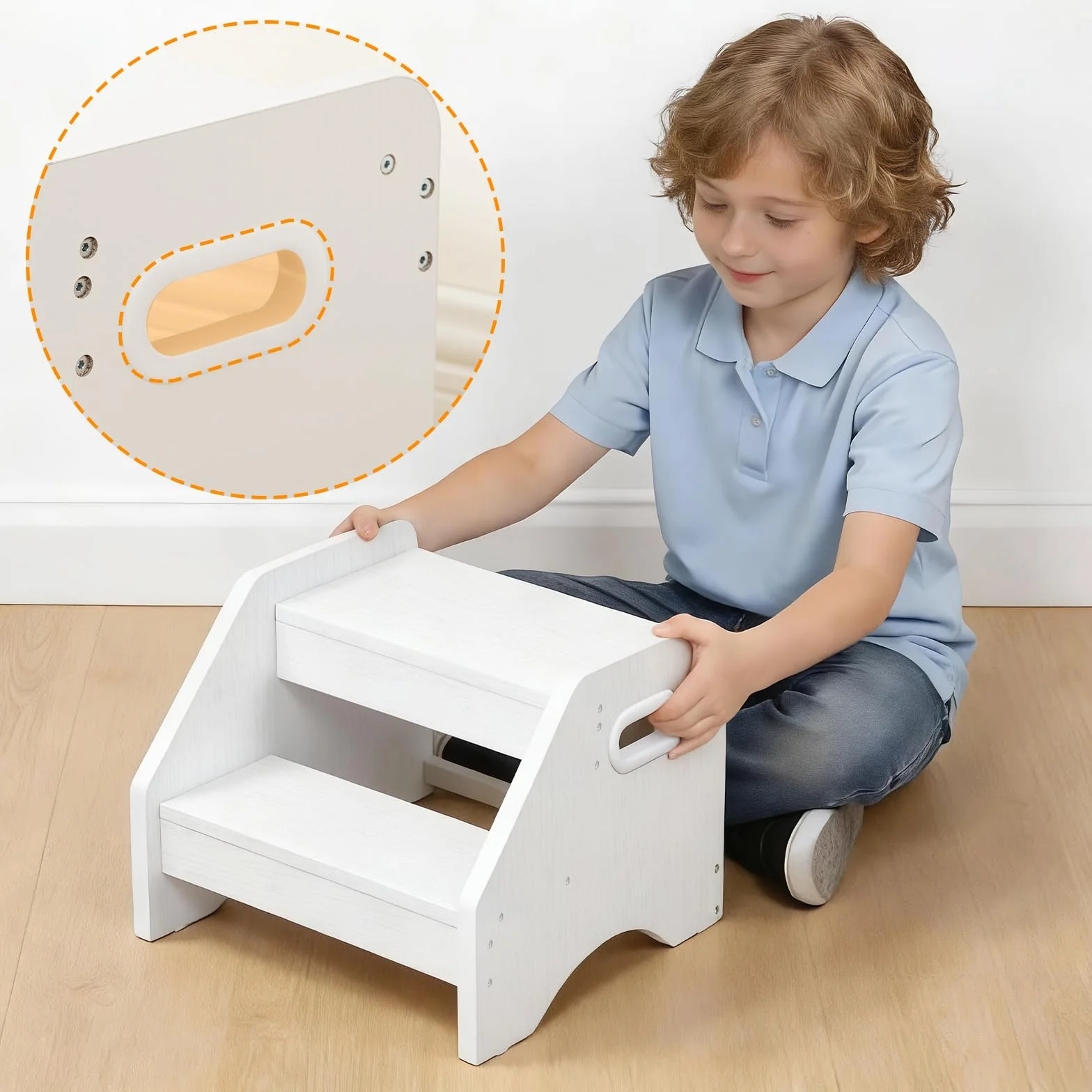 HOOBRO Taburete para Niños de 2 Peldaños en Forma de Trapecio, Asas y Alfombrillas Antideslizantes, Taburete Infantil, Carga 30 kg, para Niños de 3 a 8 años, para Salón, Dormitorio, Blanco EWT28JD01