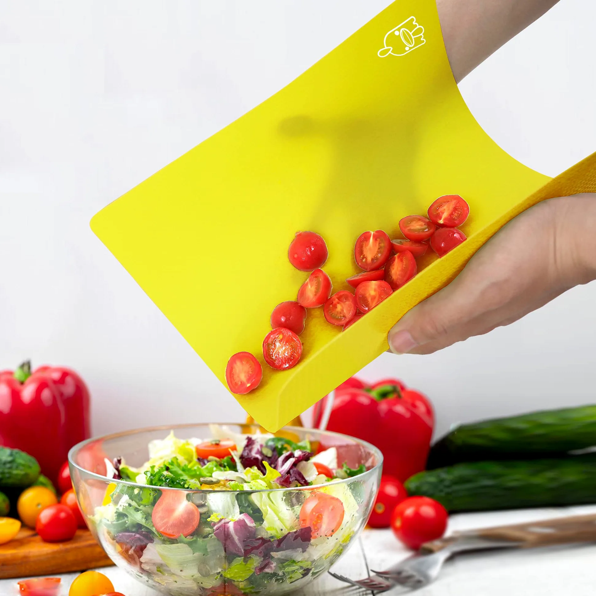 ZVP Juego de 3 tablas de cortar de plástico flexible para cocina, tablas de cortar con icono de alimentos, alfombrillas de corte antideslizantes para carne, sin BPA, aptas para lavavajillas