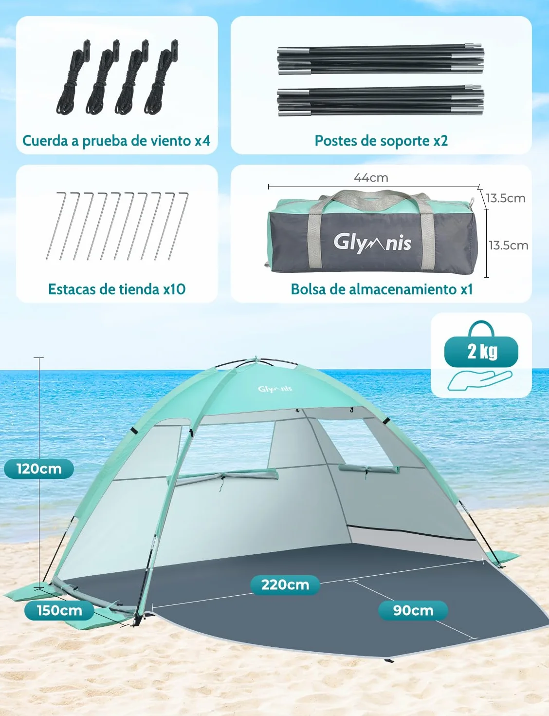 Carpa de Playa para 2-3 Personas, Doble Puerta Cremallera, Ventilación, Protección UPF 50+, Varar Parque Pescar