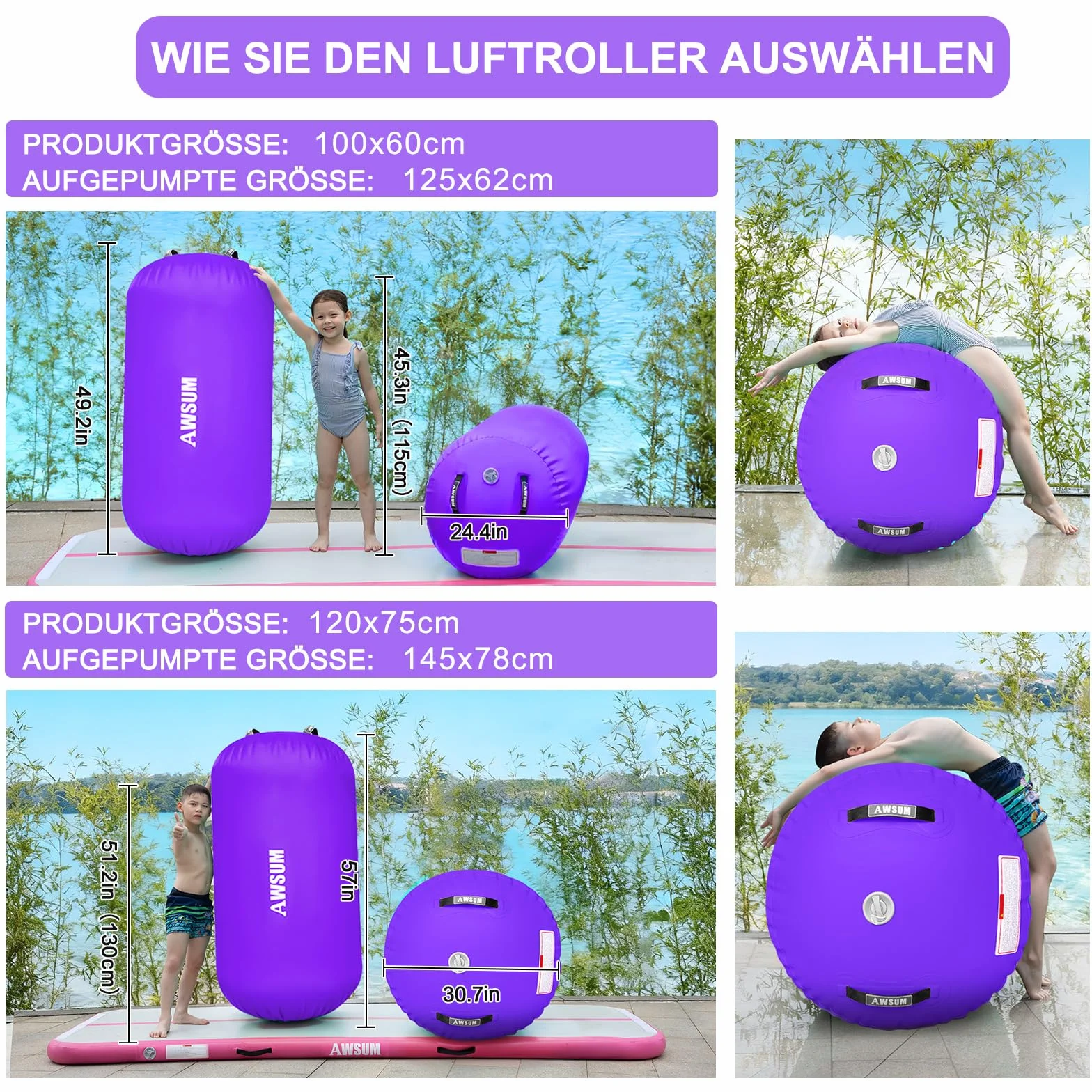 Rodillo inflable de aire 100/120 cm con bomba de aire para yoga entrenamiento de equilibrio