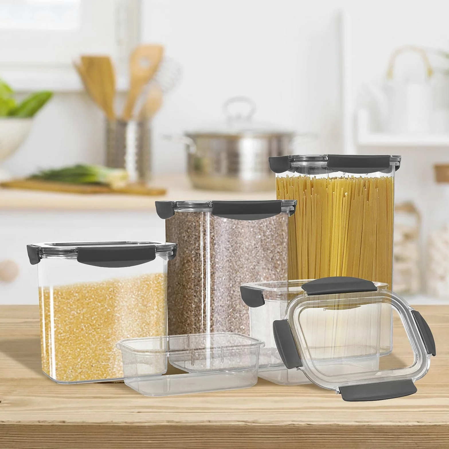 Botes Cocina Almacenaje Plastico, Juego De 5 Botes De | Almacenamiento Cocina con Tapa, Sin BPA Contenedores Herméticos 0,98/1,9/3/4/5 L