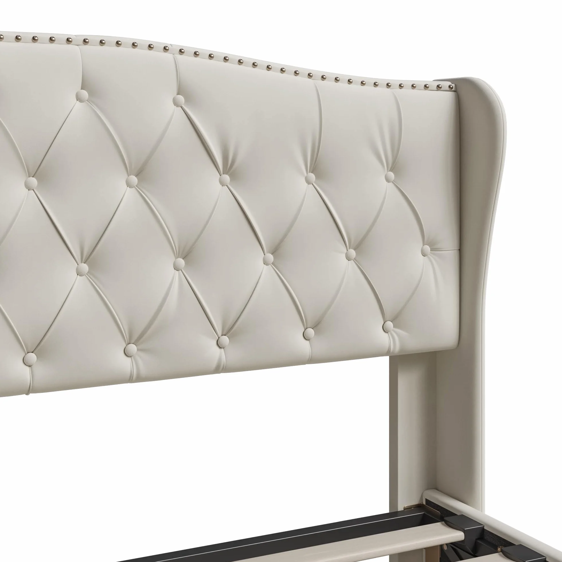 Cama Tapizada 140x200 cm con Canapé Abatible y Somier, Estructura de Cama Doble de Terciopelo con Espacio de Almacenaje, Cabecero Ondulado con Remaches, Soporta 250 kg, Blanco Crema (Sin Colchón)