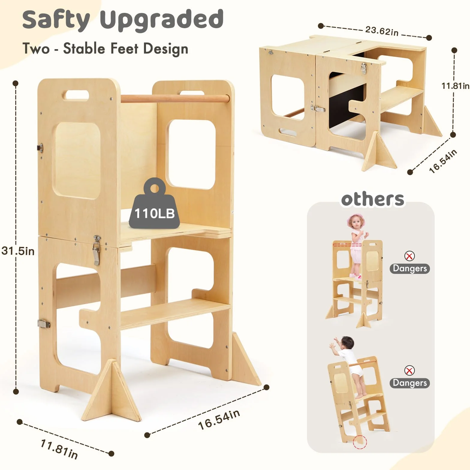 Labebe Montessori Torre per Bambini 3 in 1 Pieghevole Didattica Scala Sgabello con Lavagna Legno da 1 Anno