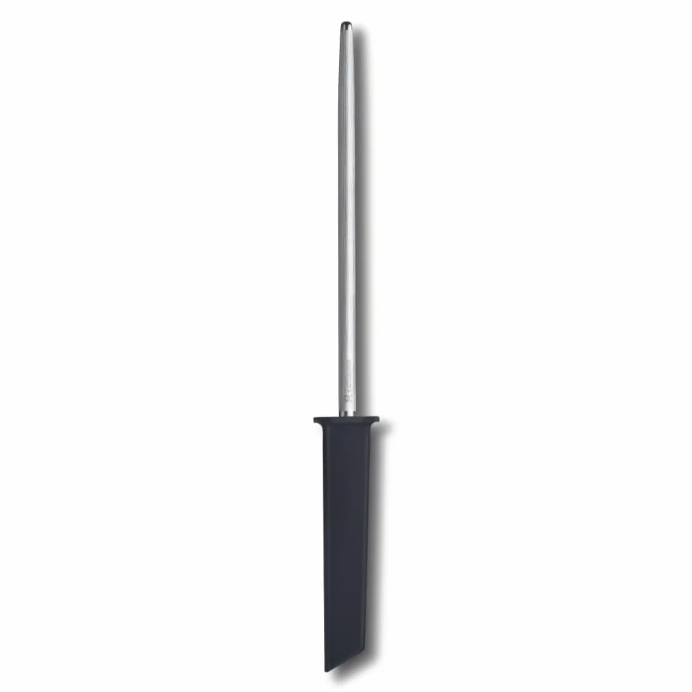Victorinox Swiss Modern Chaira de acero para afilar, 23 cm, superficie de corte de mediana a fina, redonda, hasta 65 HRC, negro