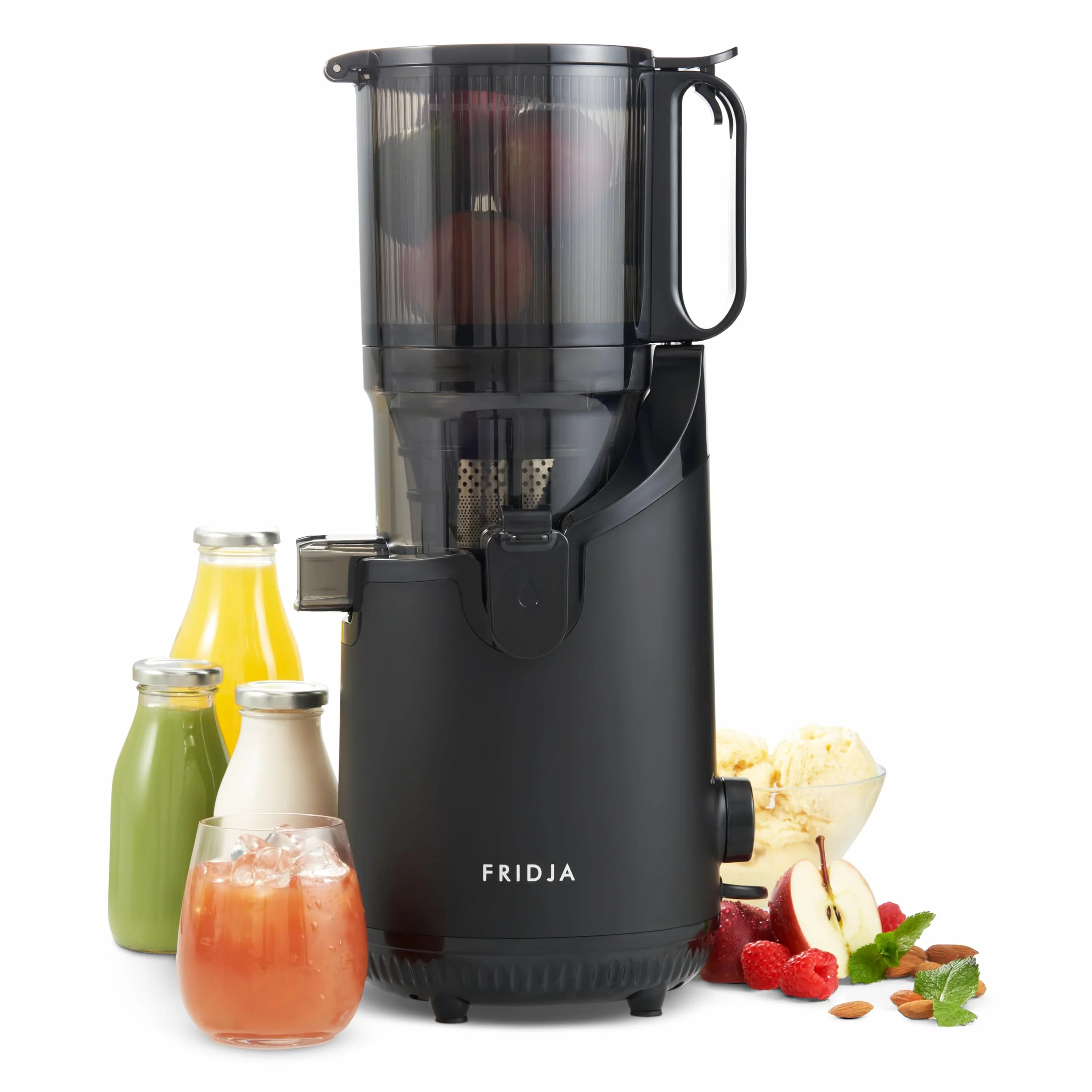 Fridja f2500 Exprimidor Automático de Fruta Entera | Boca de Entrada 135mm | Extractor de Zumo por Prensa Fría 250W | Alto Rendimiento | Fácil Limpieza | Sin BPA | Negro Mate [Clase Energética A++]