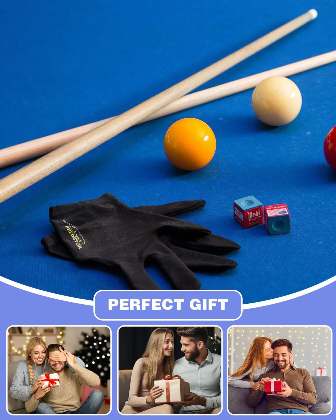 6 piezas Guantes de billar con 3 dedos, unisex, elásticos, para accesorios de billar(negro + azul + rojo)