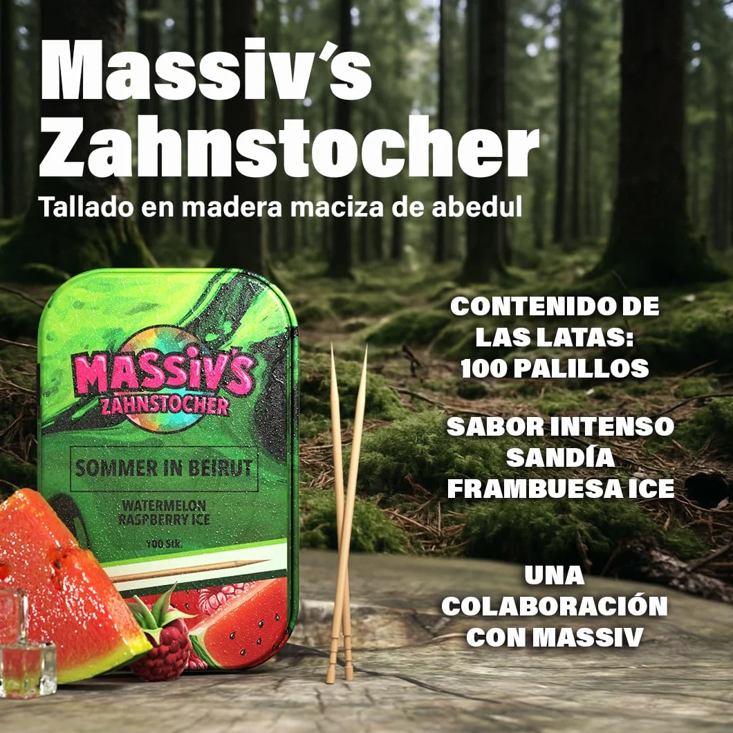 Massiv’s Zahnstocher - Palillos con sabor - SOMMER IN BEIRUT Sandía Frambuesa Ice - 100 palillos - Aliento fresco - Caja metálica estilizada - Sin azúcar - higiene bucal - contra morderse las uñas | Palillos de dientes con sabor a sandía Raspberry Ice 100