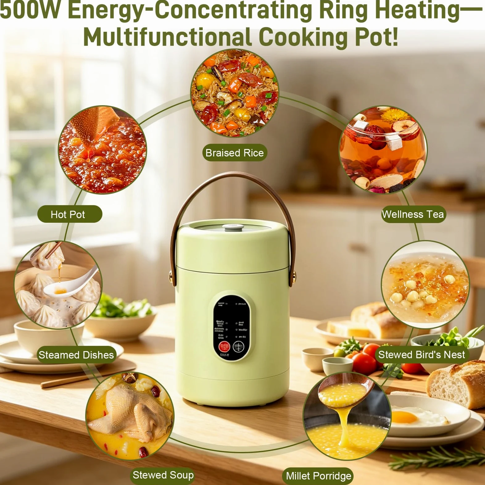 Olla eléctrica portátil de 1,2 L, con cesta vapor de acero inoxidable, cocina de viaje multifunción de 500 W, 8 funciones y temporizador inteligente 12 h, ideal para pasta, sopas y olla caliente