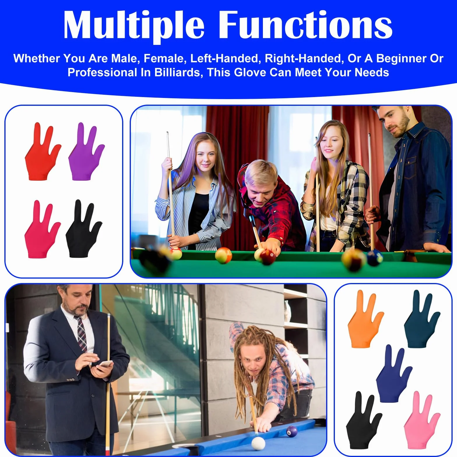 12 guantes de billar de tres dedos, transpirables, elásticos, para billar, cue para piscina, guantes profesionales de billar, para juegos de piscina, snooker, carom